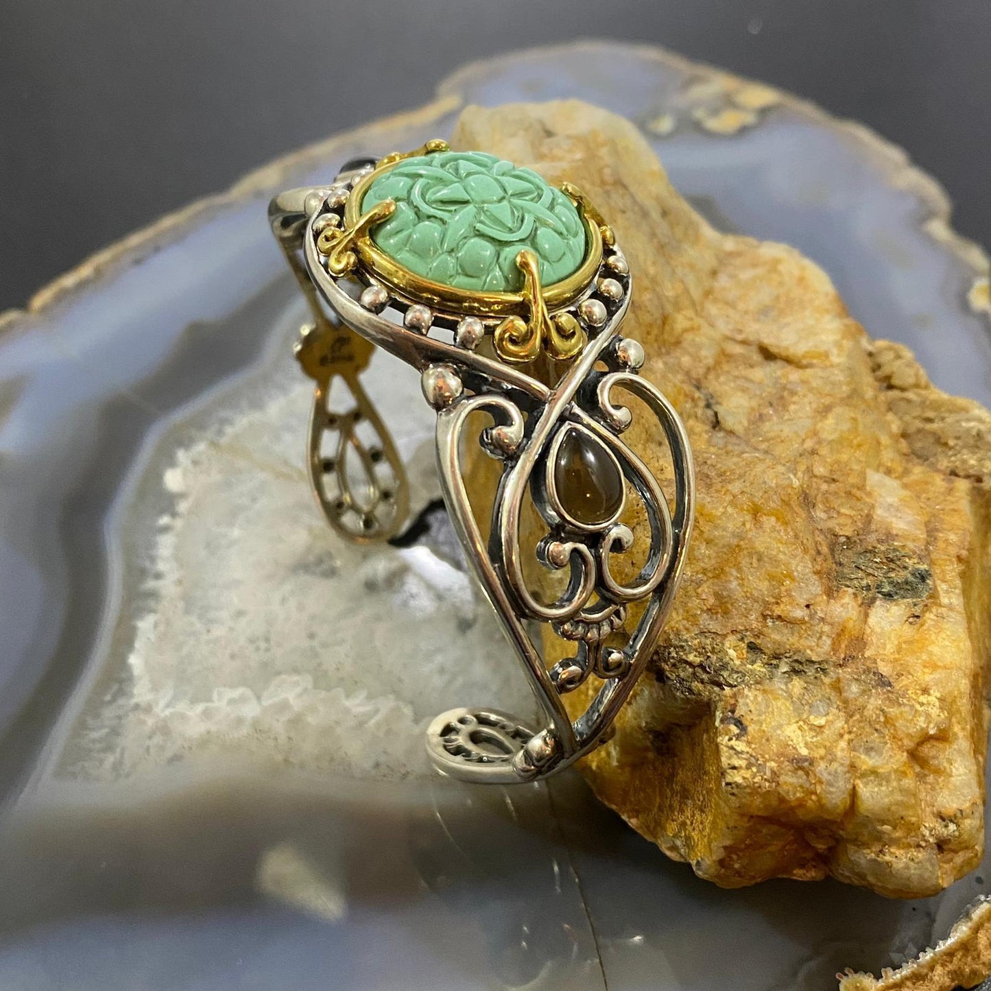 Carolyn Pollack Sterling Silver & Brass Green Turquoise/Smoky Quartz Decorated Bracelet For Women