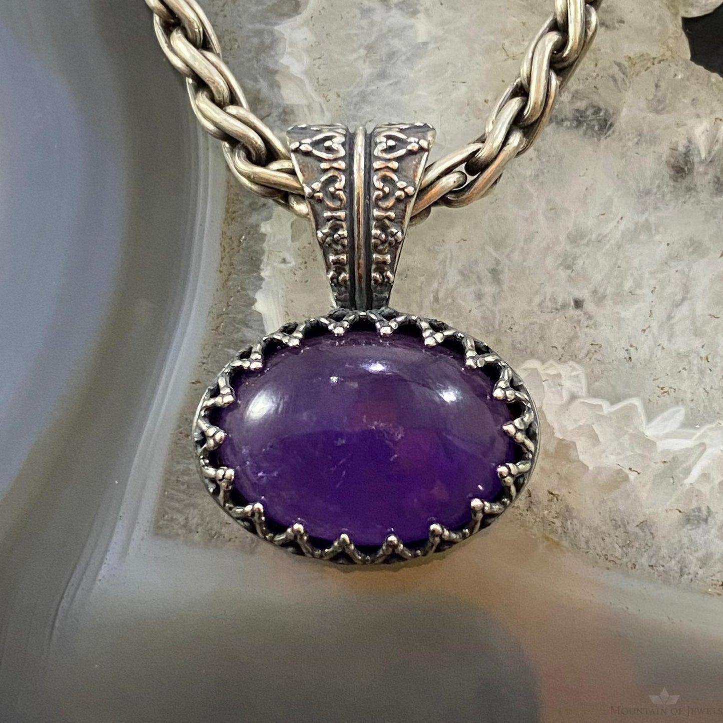Carolyn Pollack Southwestern Style Sterling Silver Oval Amethyst Decorated Pendant For Women