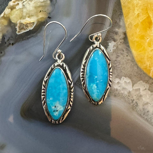 Native American Sterling Silver Marquise Kingman Turquoise Dangle Earrings For Women #1