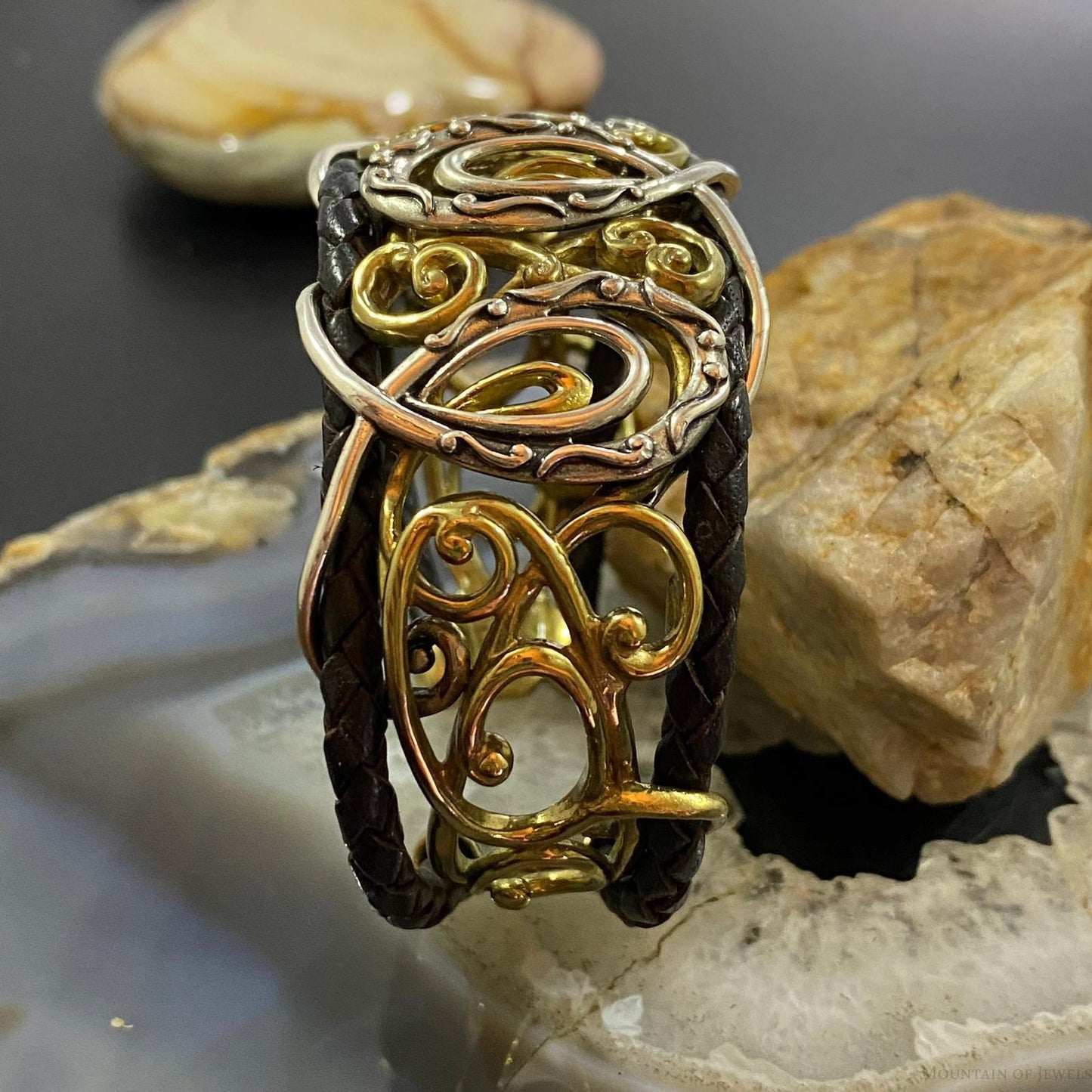 Carolyn Pollack Sterling Silver & Brass Decorated Braided Leather Bracelet For Women
