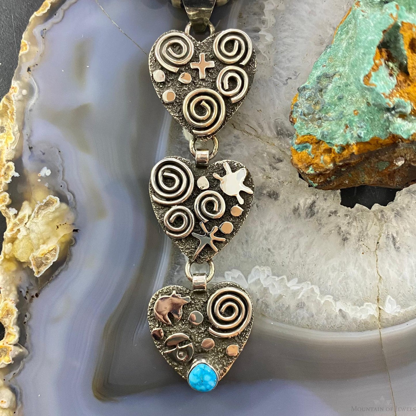 Alex Sanchez Native American Sterling Silver Triple Petroglyph Heart w/Turquoise Pendant For Women #4