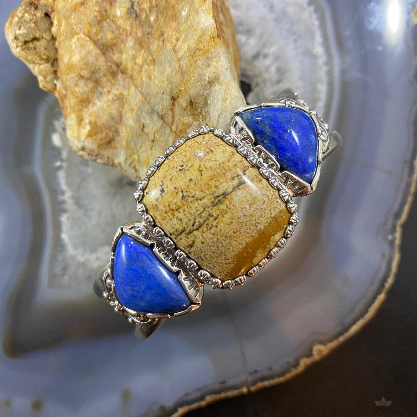 Carolyn Pollack Southwestern Style Sterling Silver Picture Jasper and Denim Lapis Bracelet For Women