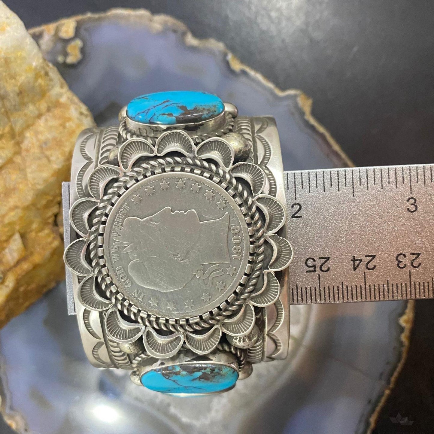 Alex Sanchez Sterling Silver Barber Head Half Dollar & 4 Oval Turquoise Bracelet For Women