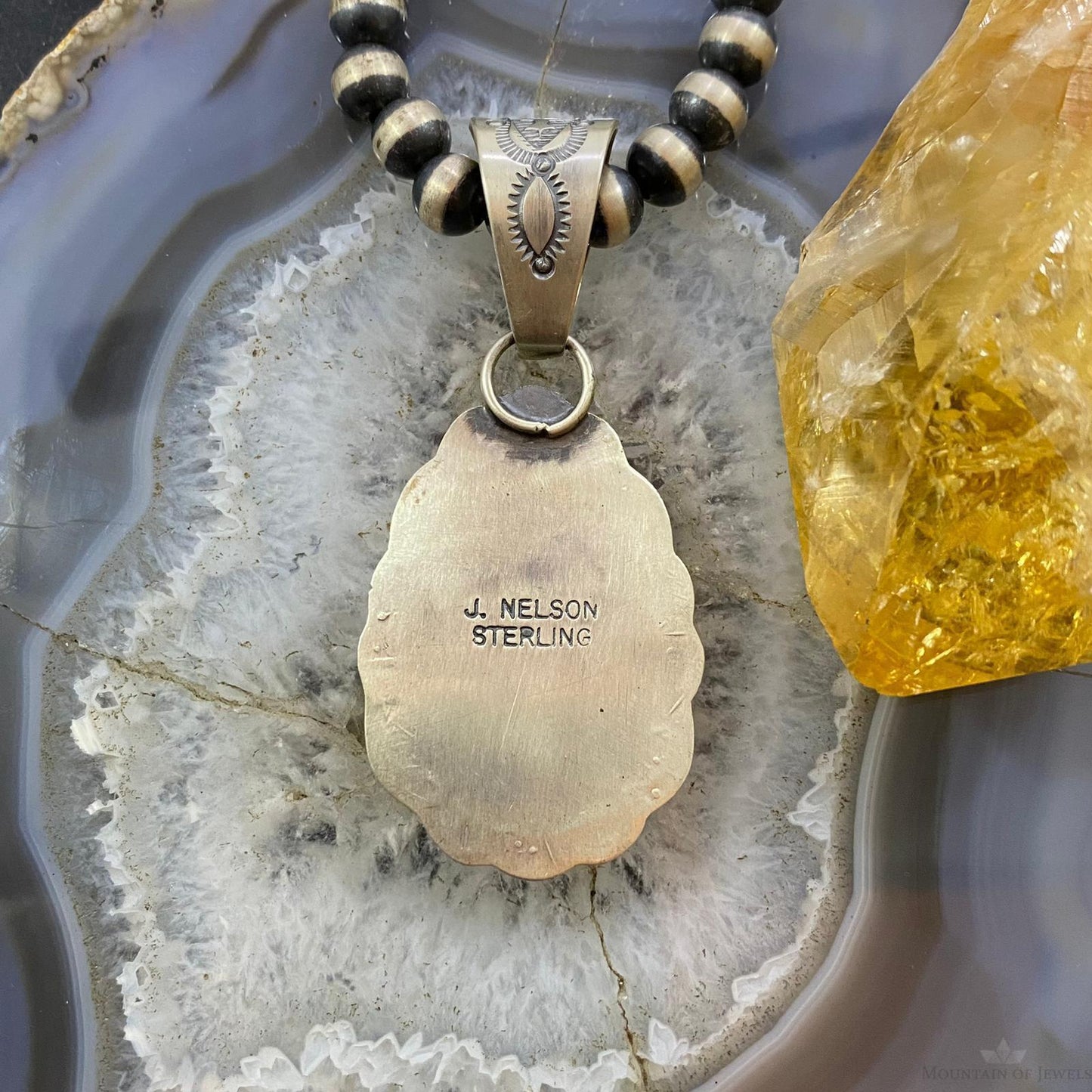 J. Nelson Native American Sterling Silver Large Teardrop Pink Conch Shell Decorated Pendant For Women