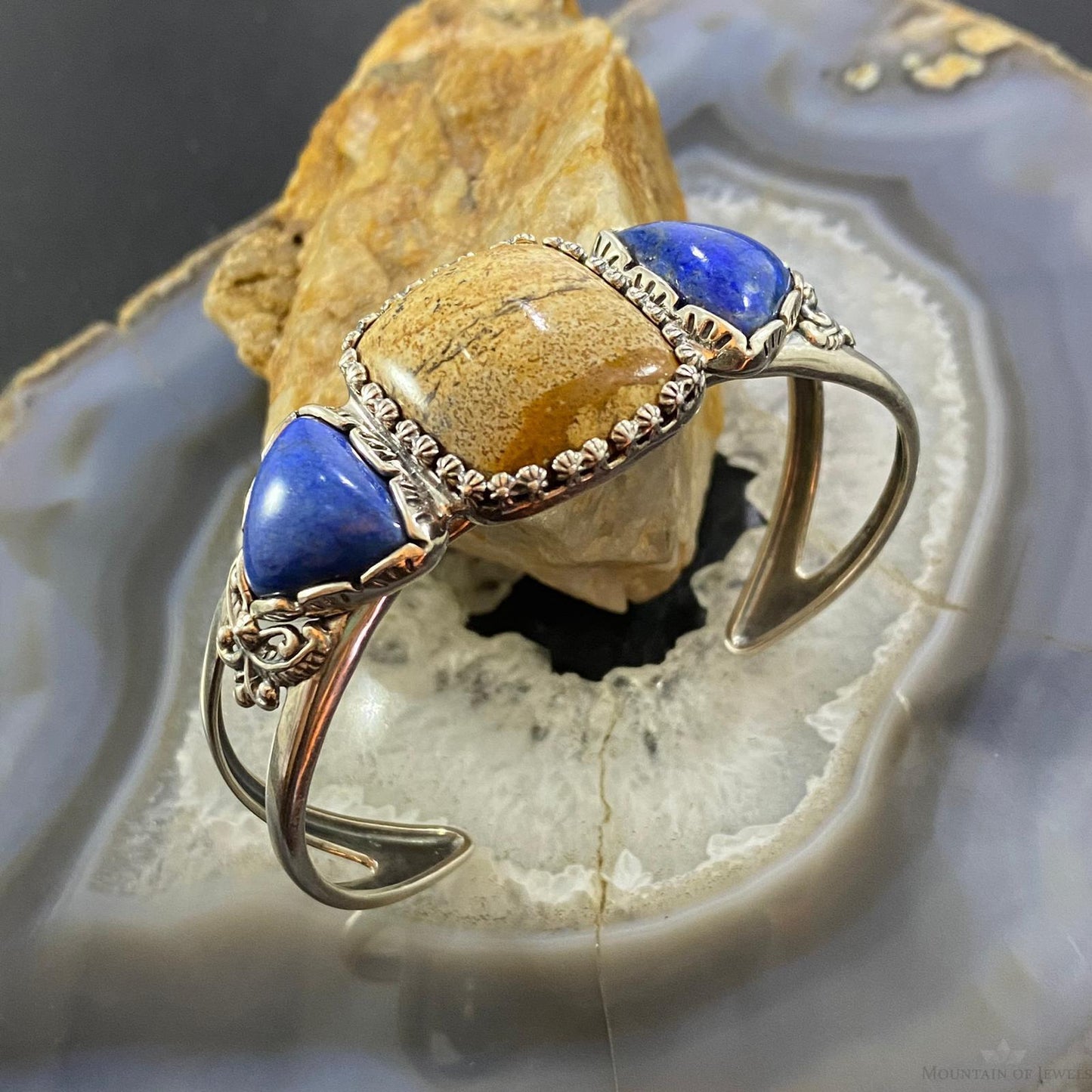 Carolyn Pollack Southwestern Style Sterling Silver Picture Jasper and Denim Lapis Bracelet For Women