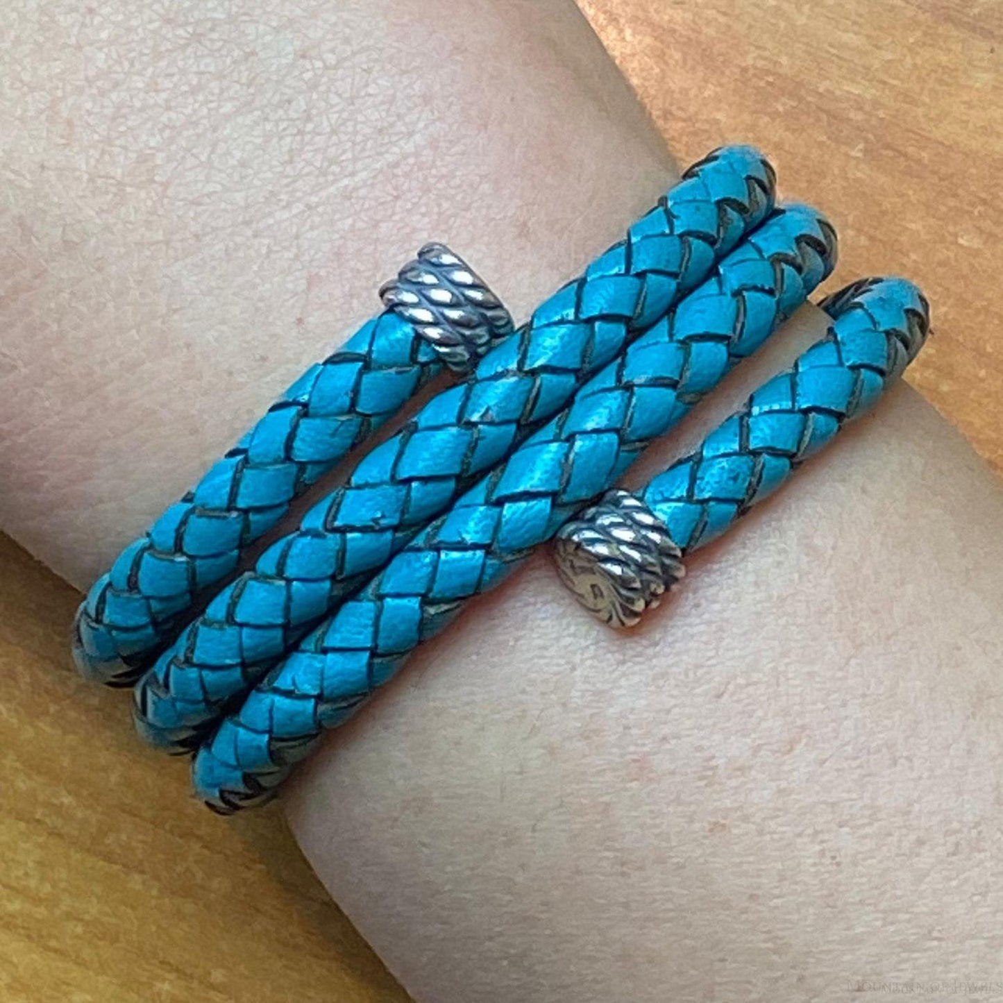 Carolyn Pollack Sterling Silver Teal Braided Leather Unisex Coil Wrap Bracelet