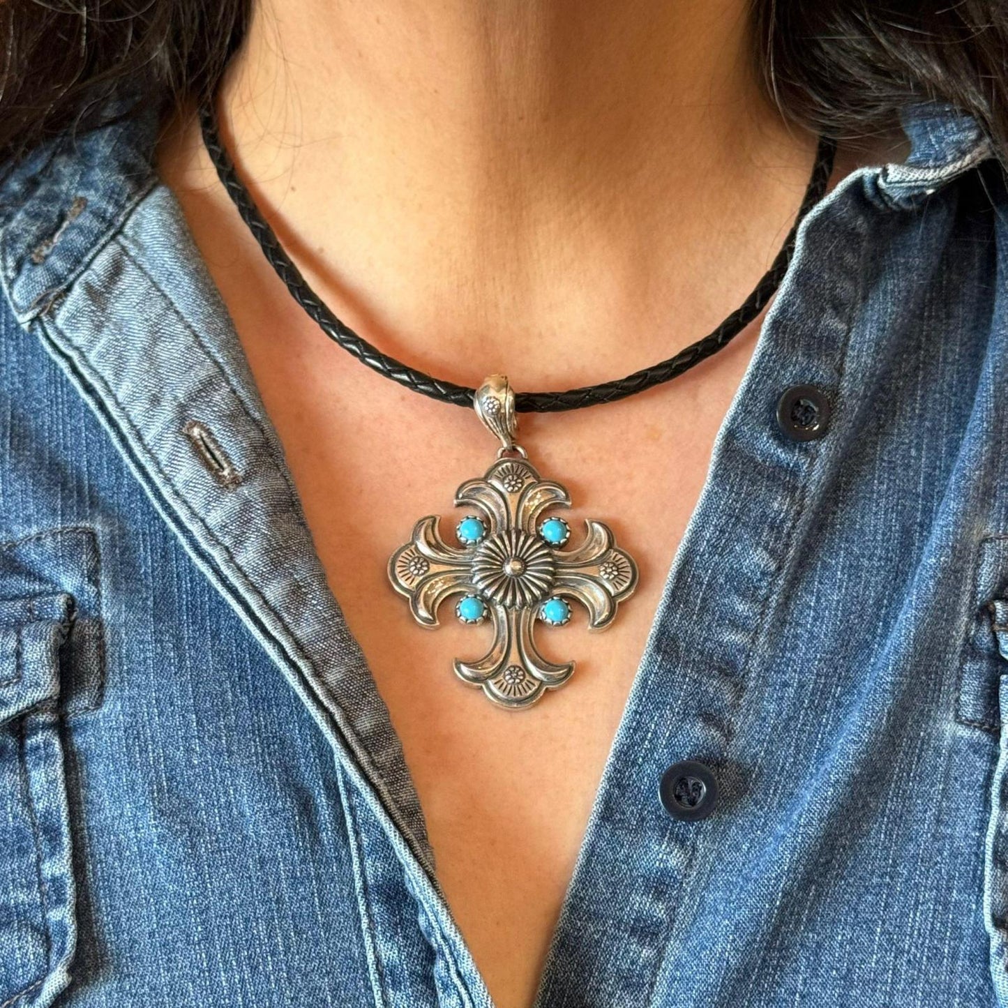 Carolyn Pollack Sterling Silver Turquoise Cross Pendant Black Braided Leather Necklace