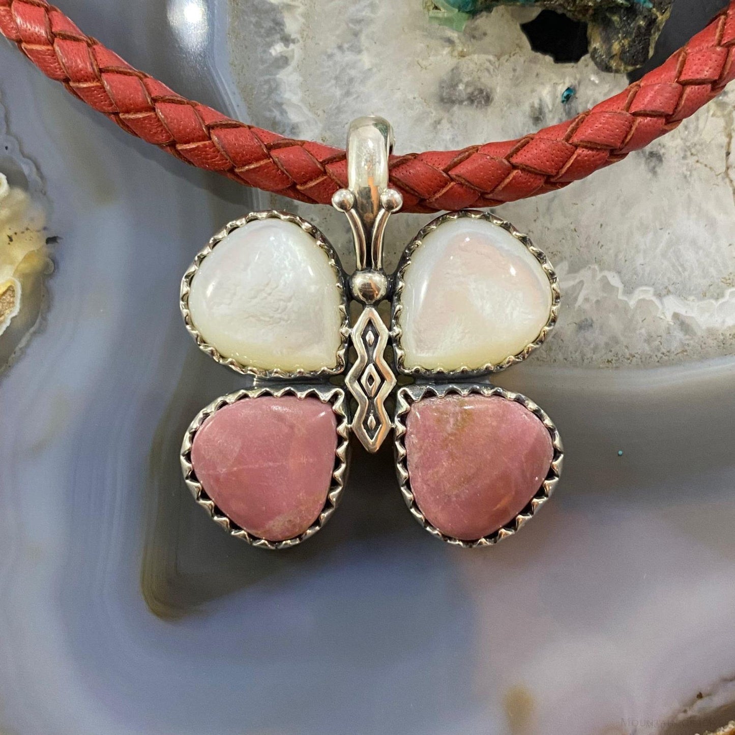 Carolyn Pollack Southwestern Style Sterling Silver Mother of Pearl & Rhodonite Pendant For Women
