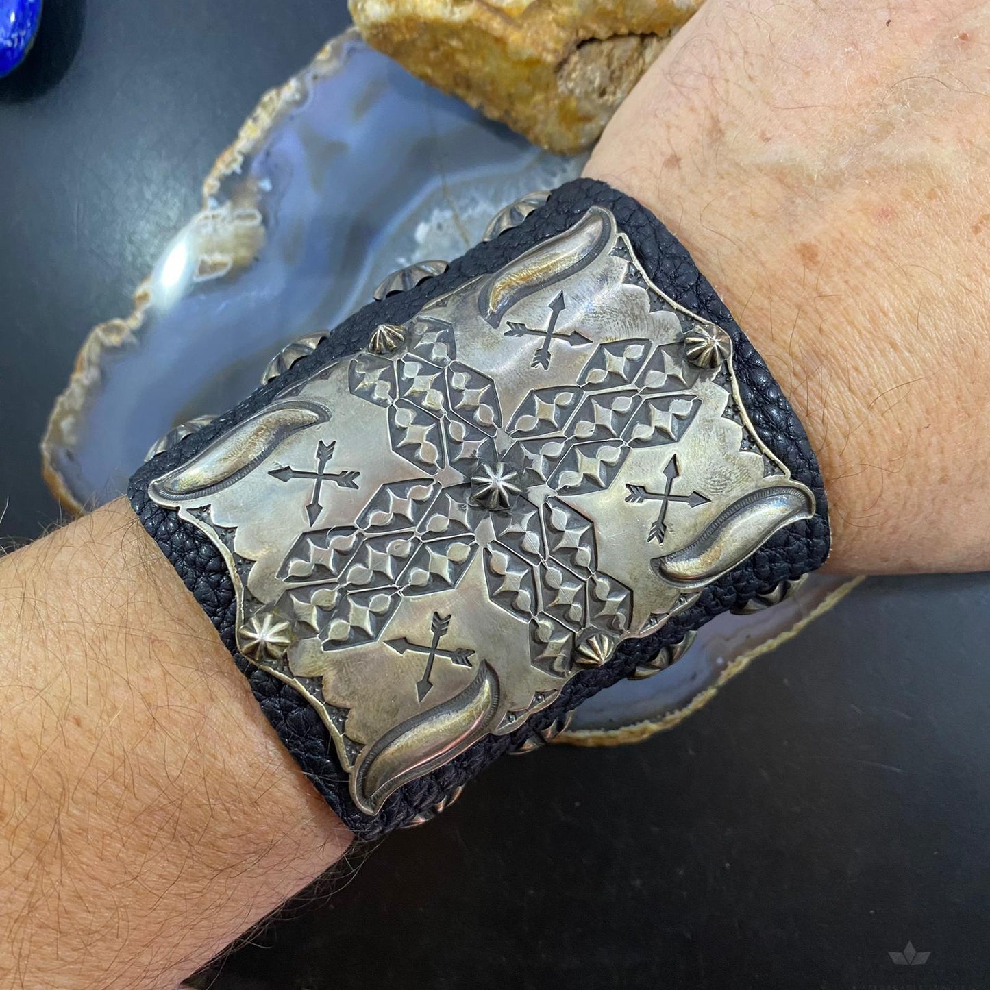 Vintage Native American Silver Stamped Ketoh Bow Guard Bracelet For Men