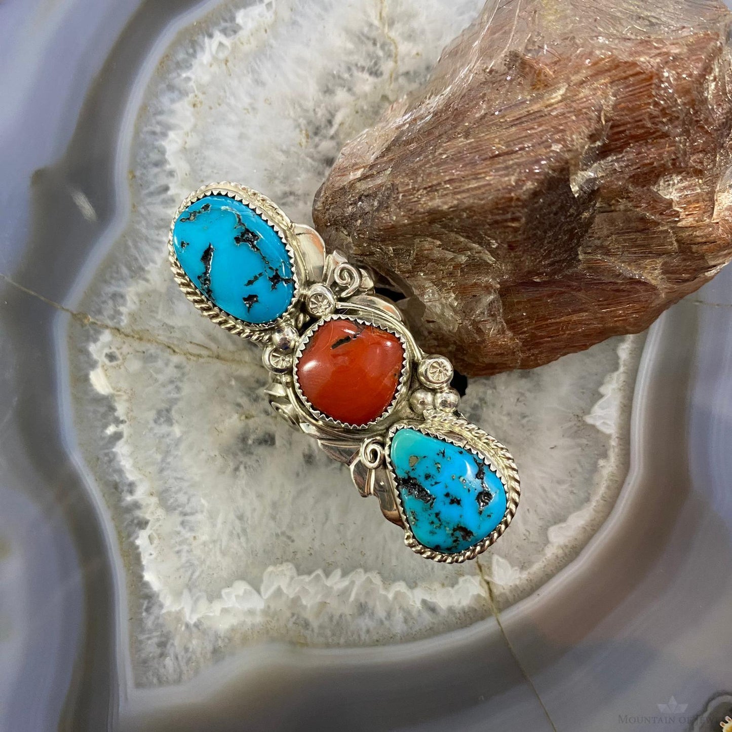 Silver Ray Native American Sterling Silver Elongated Turquoise & Coral Ring Size 6.5 For Women