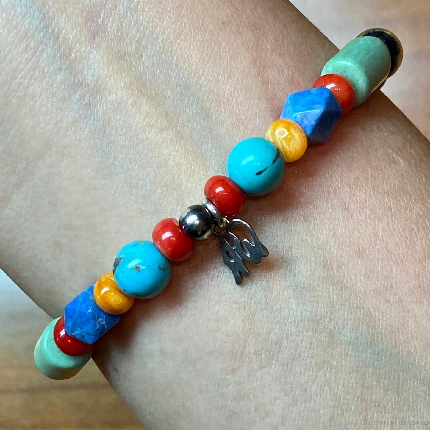 Carolyn Pollack Vintage Sterling Silver Multi Gemstone Bead w/Charm Stretch Bracelet For Women