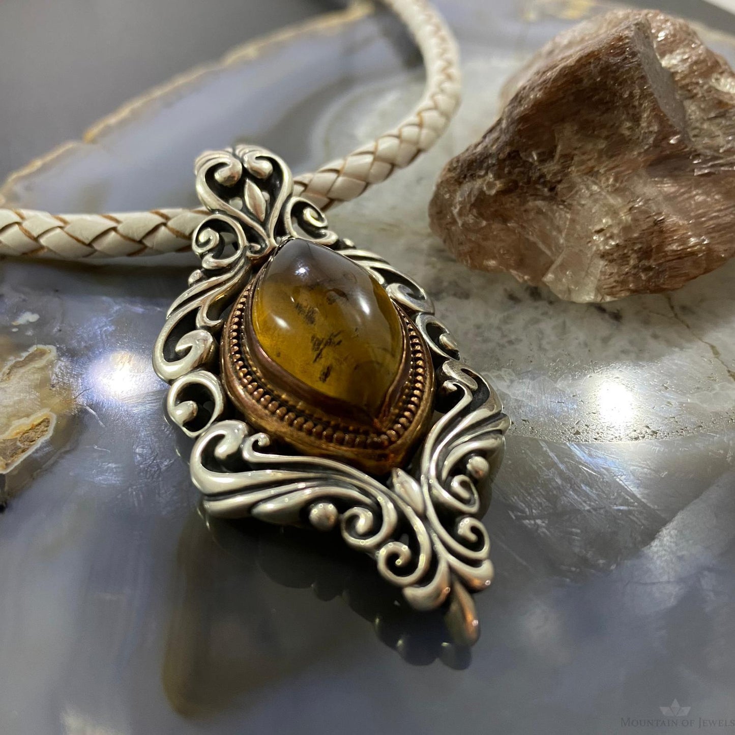 Carolyn Pollack Southwestern Style Sterling Silver & Bronze Amber Decorated Enhancer Pendant For Women