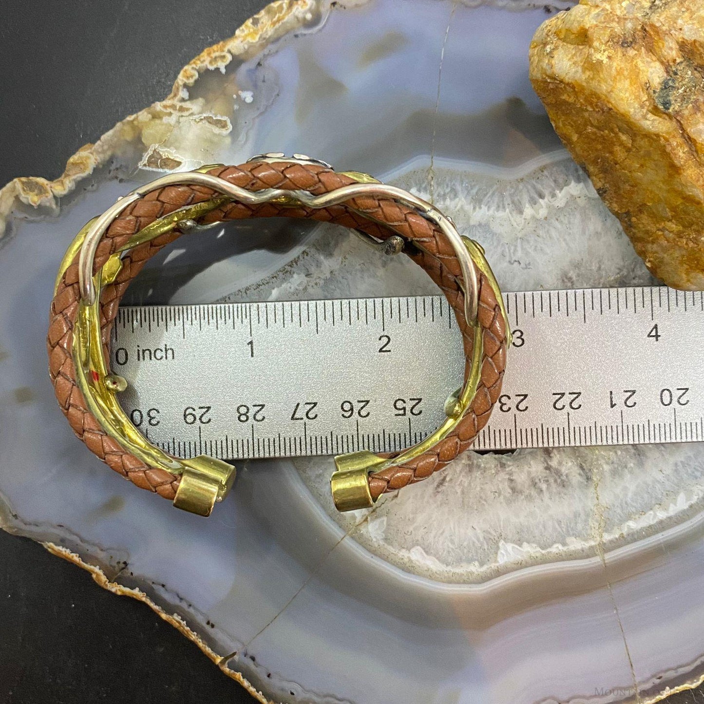 Carolyn Pollack Sterling Silver & Brass Double Row Brown Leather Decorated Bracelet