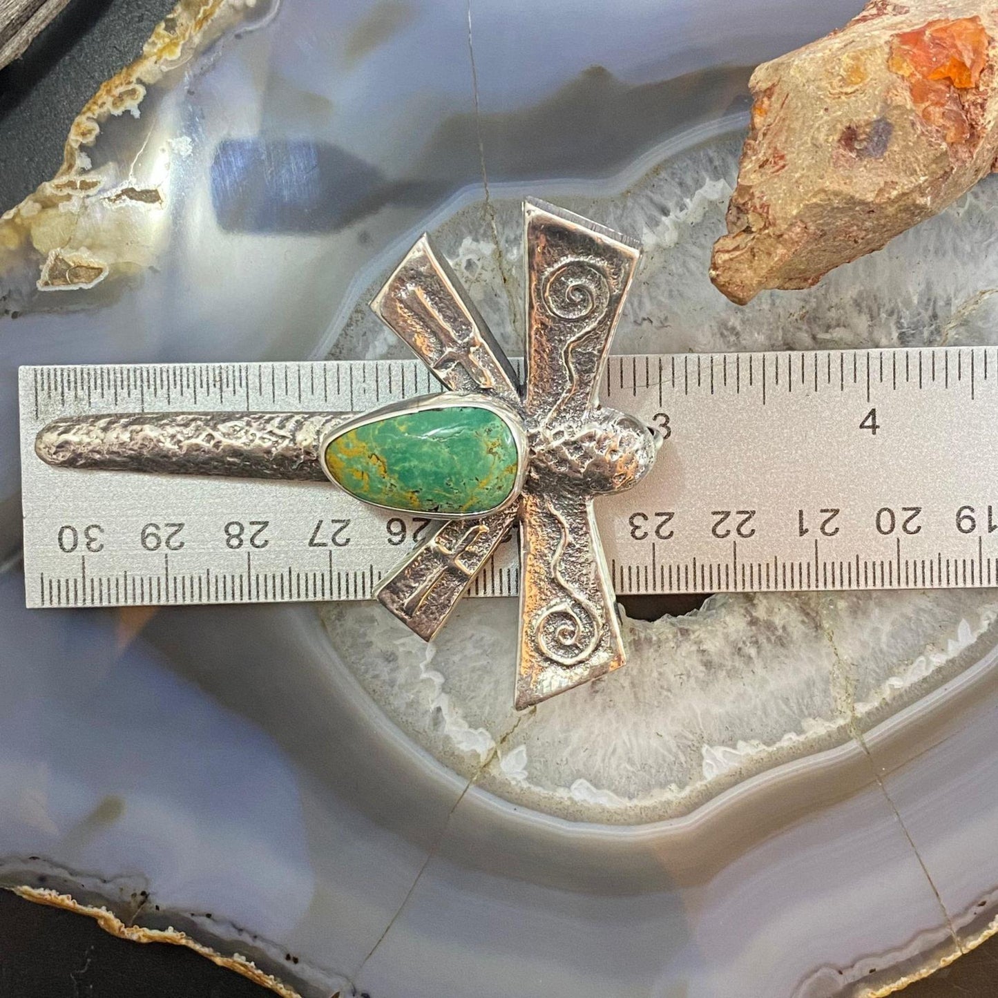 Gary Custer Navajo Sterling Silver Tufa Cast Dragonfly Royston Turquoise Unisex Pendant