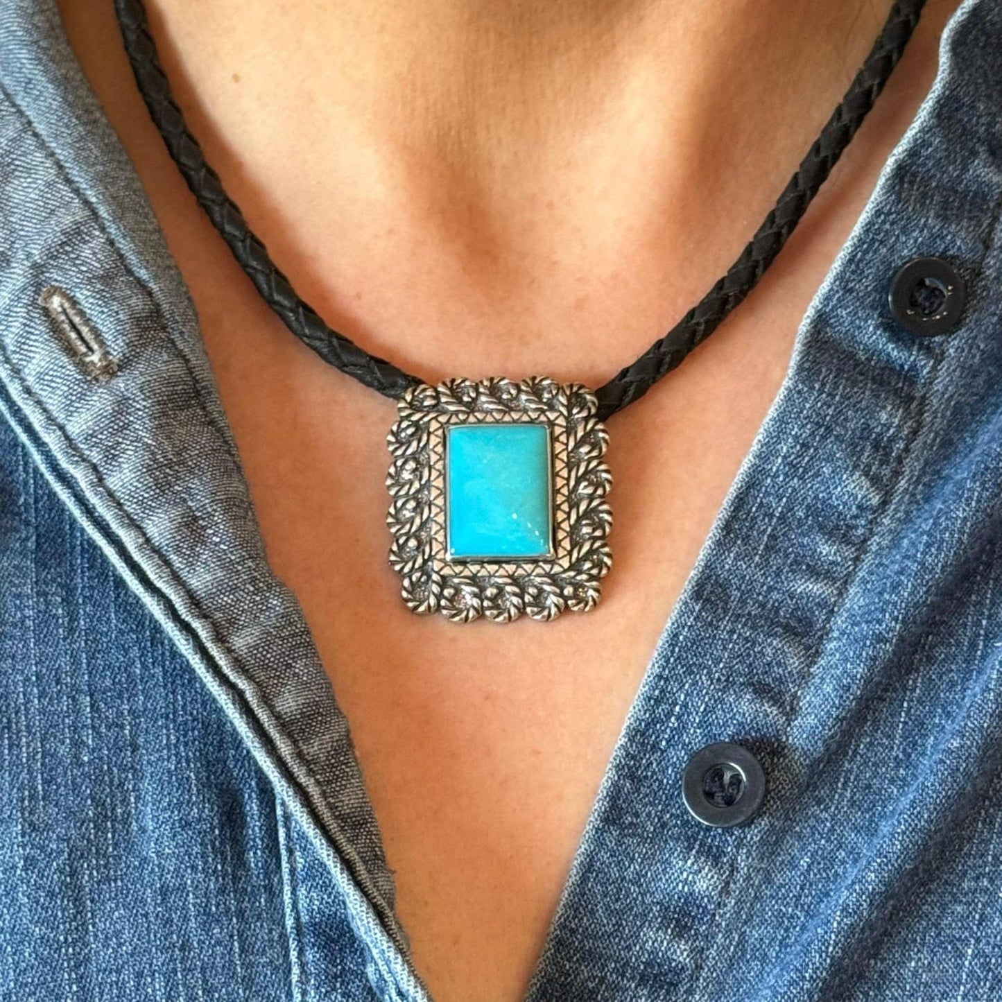 Carolyn Pollack Sterling Silver Turquoise Pendant with Black Braided Leather Necklace