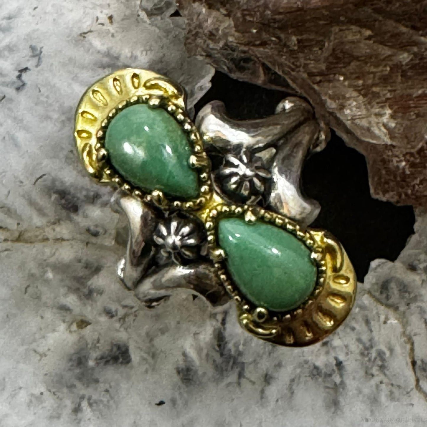 Carolyn Pollack Sterling Silver & Brass 2 Green Turquoise Decorated Ring For Women