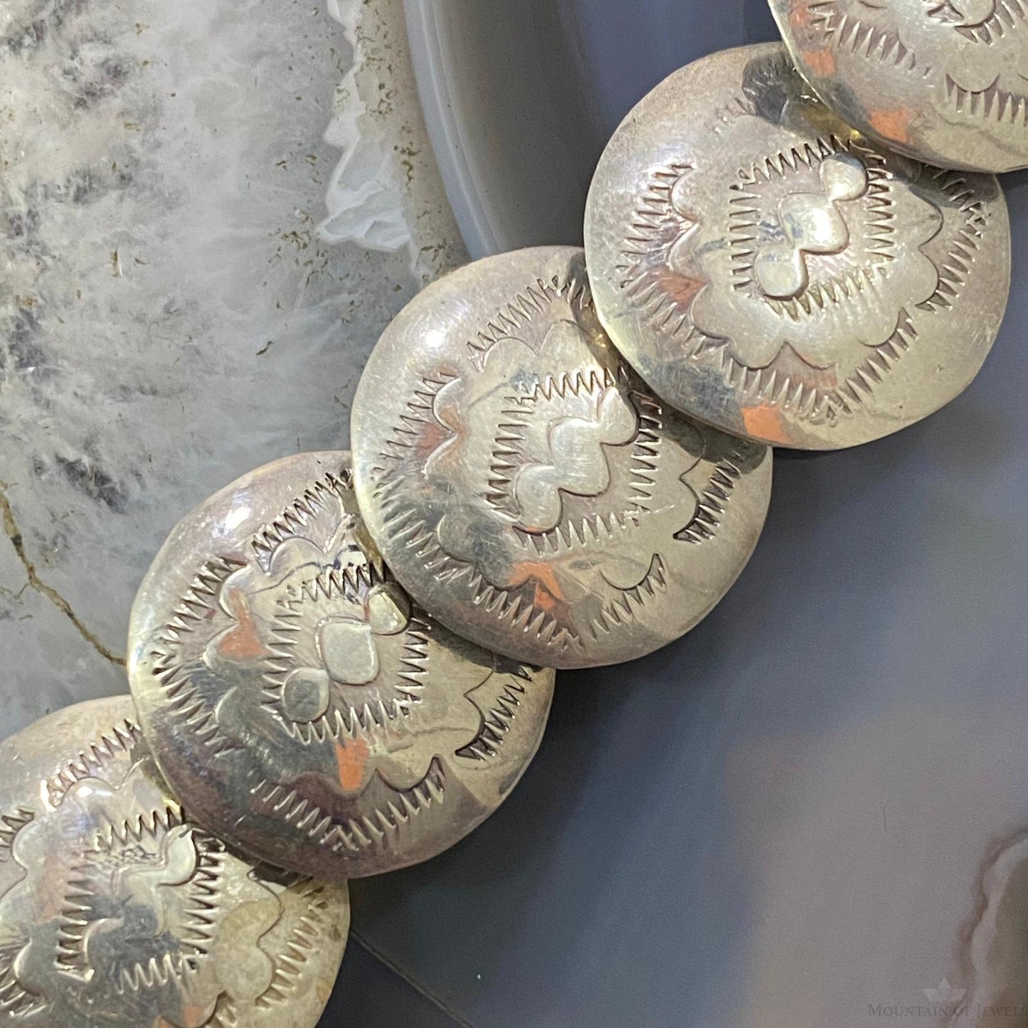 Vintage Native American Silver Double Sided Stamped Disk Bead Necklace For Women