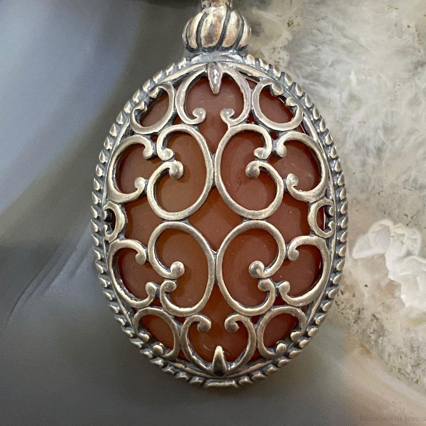 Carolyn Pollack Sterling Silver Oval Frosted Orange Agate Enhancer Pendant For Women