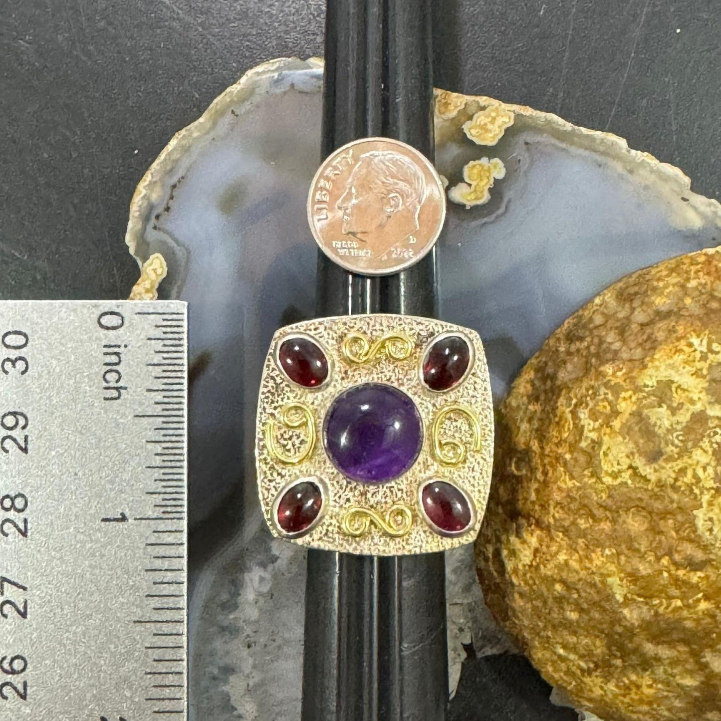 Carolyn Pollack Sterling Silver & Brass Amethyst & 4 Garnet Decorated Ring For Women