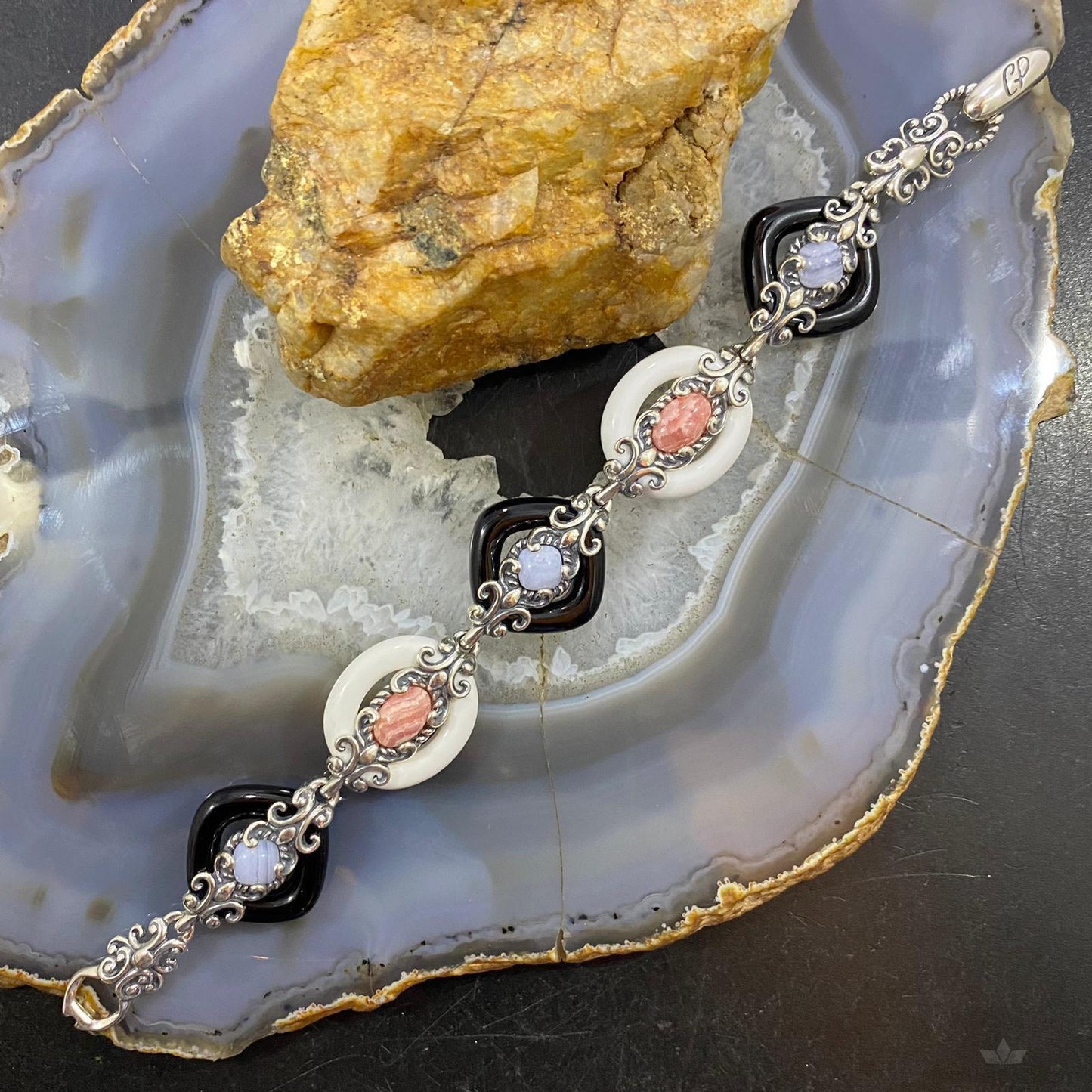 Carolyn Pollack Sterling Silver 3 Agates & 1 Rhodochrosite Link Bracelet For Women