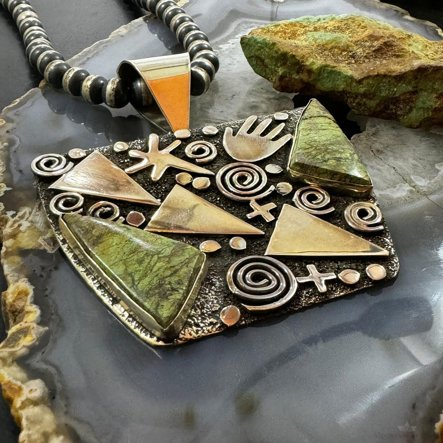 Alex Sanchez Native American Sterling Silver Green Sediment Jasper Rectangle Petroglyph Unisex Pendant
