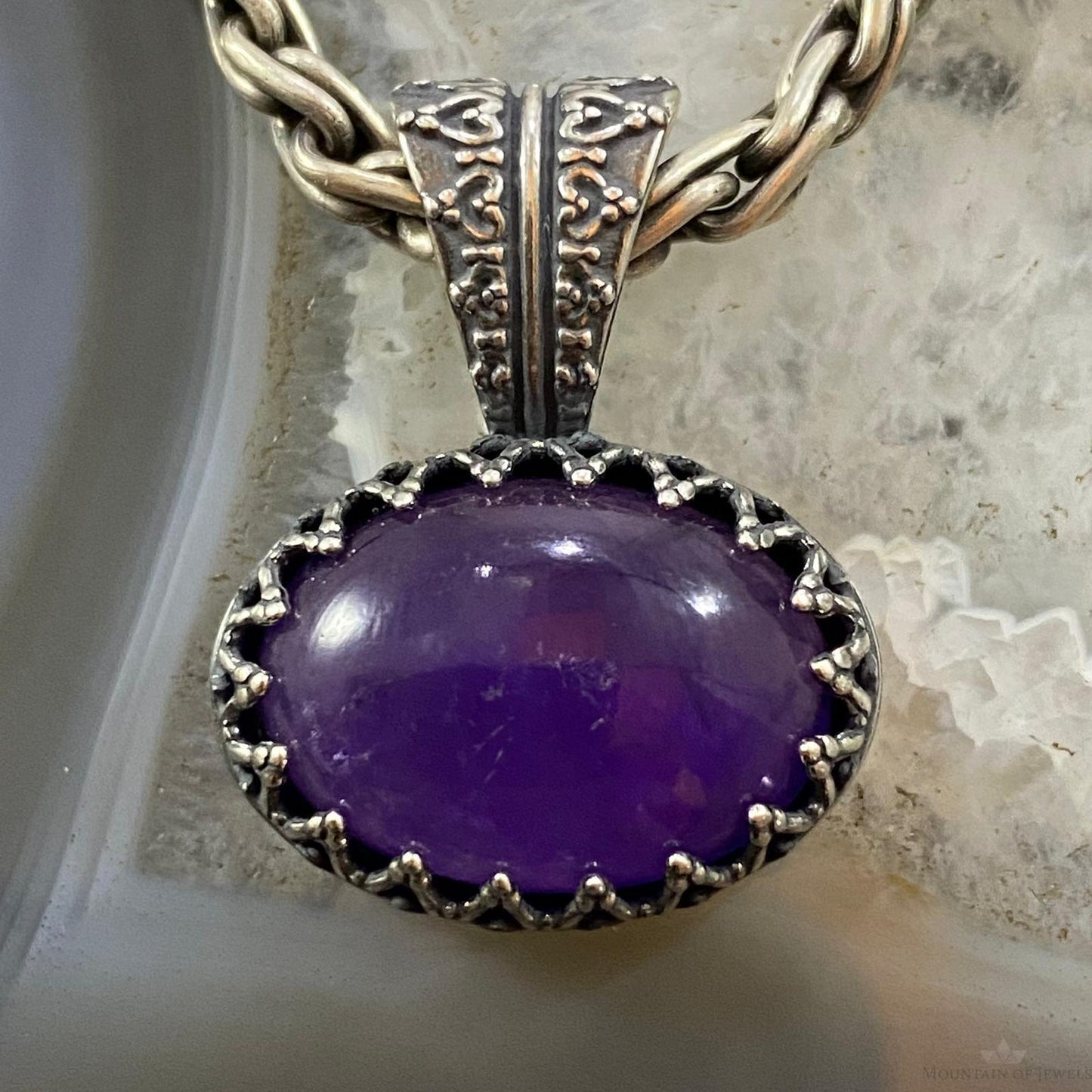 Carolyn Pollack Southwestern Style Sterling Silver Oval Amethyst Decorated Pendant For Women