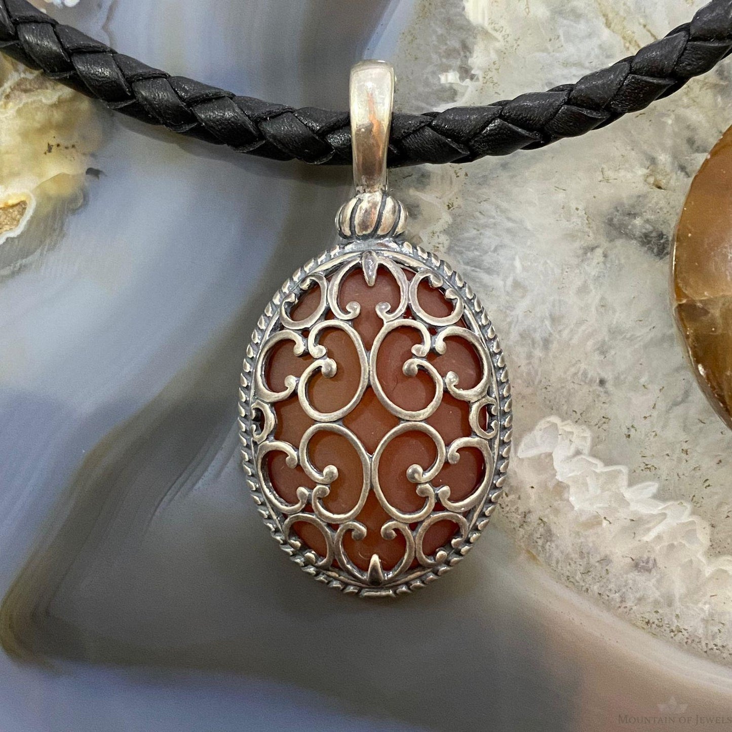 Carolyn Pollack Sterling Silver Oval Frosted Orange Agate Enhancer Pendant For Women