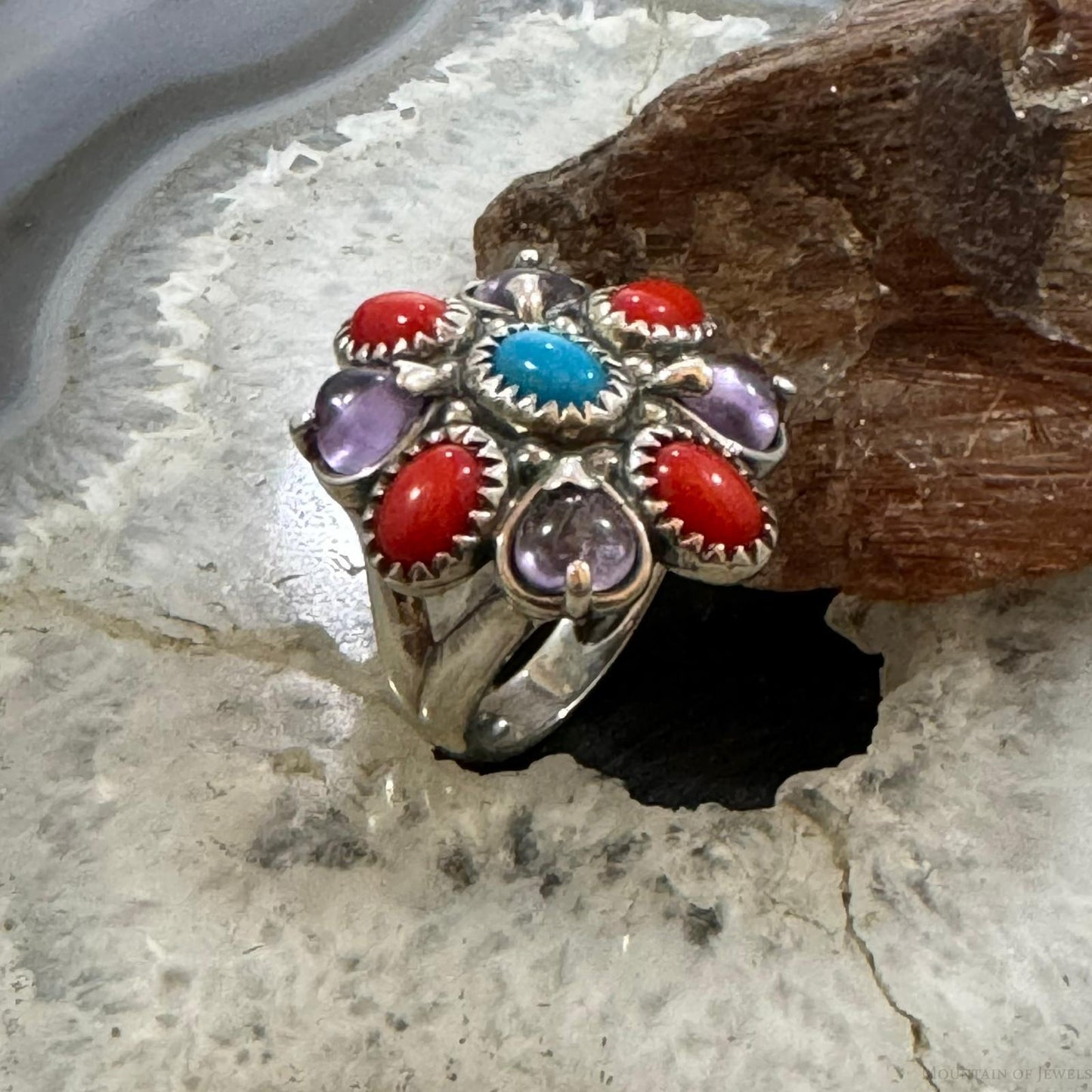 Carolyn Pollack Sterling Silver Multi Gemstone Flower Ring Size 8.75 For Women