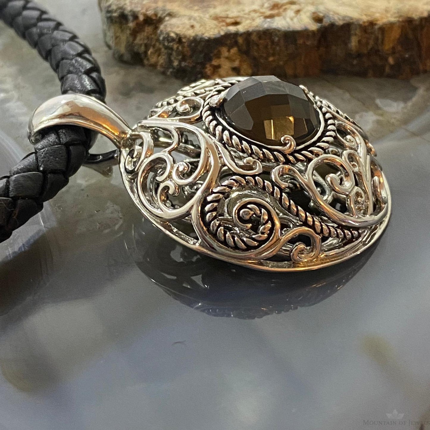 Carolyn Pollack Southwestern Style Sterling Silver Round Smoky Quartz Enhancer Pendant For Women