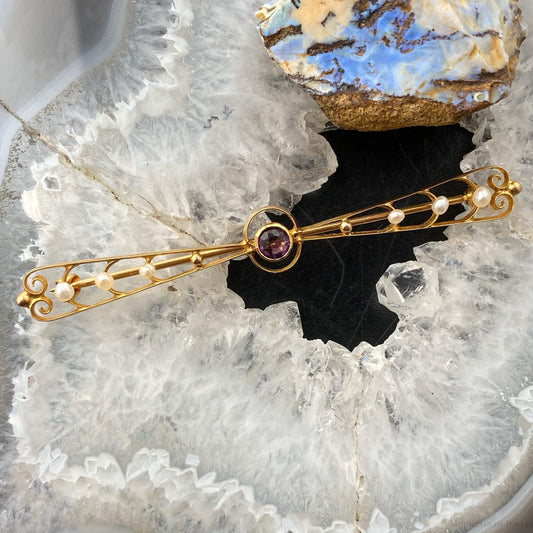 10K Yellow Gold Pearls and Amethyst Dainty Brooch For Women
