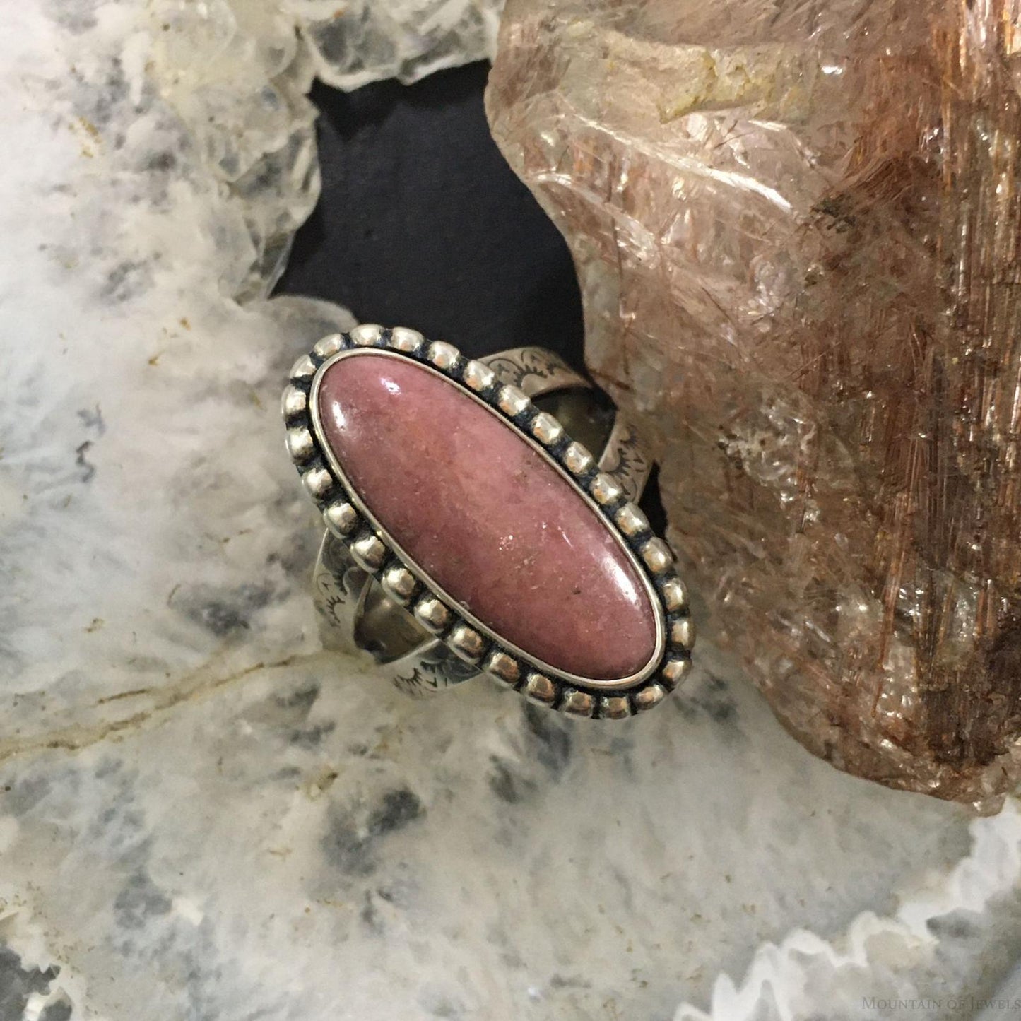 Carolyn Pollack Southwestern Style Sterling Silver Oblong Oval Rhodonite Ring Size 7.5 For Women
