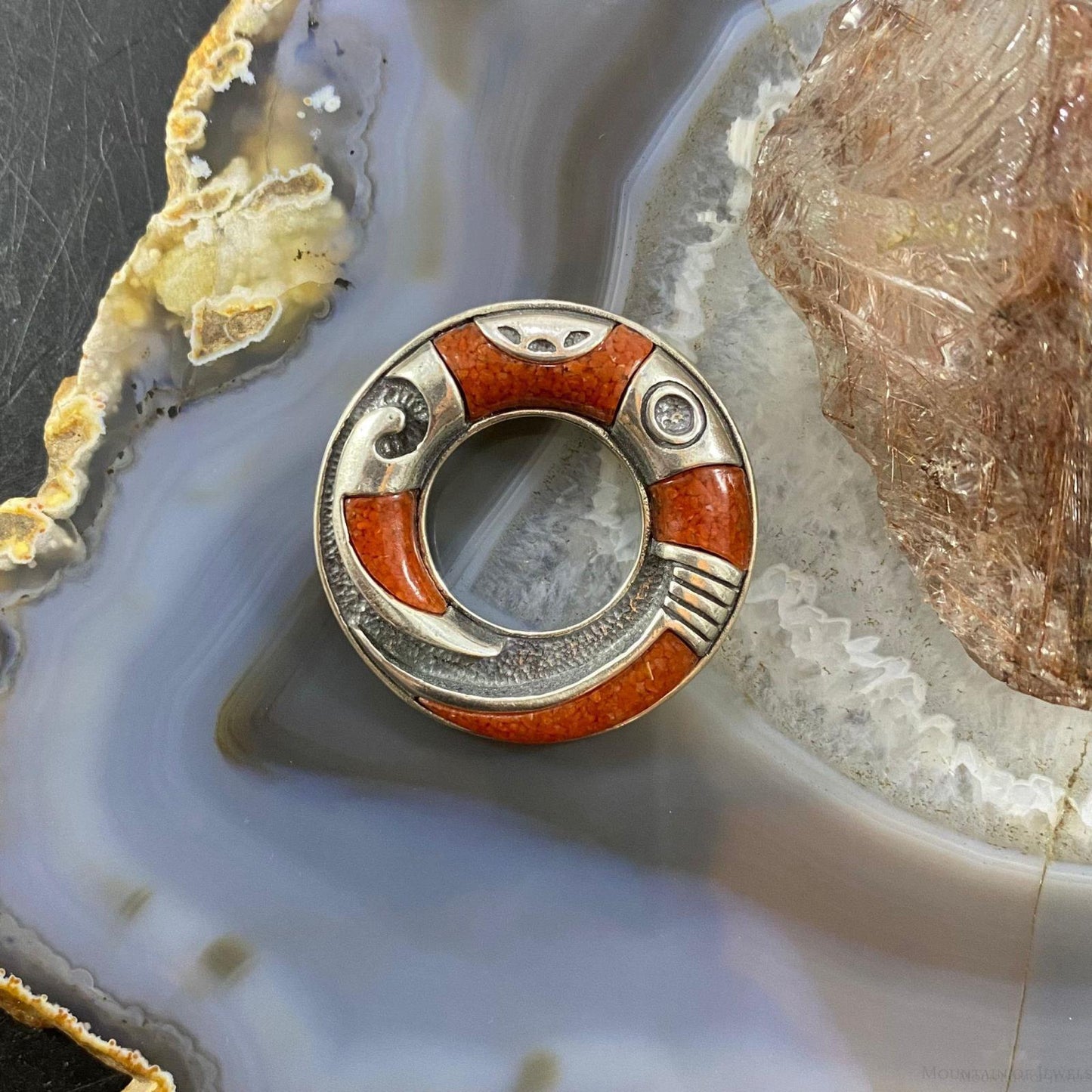 Carolyn Pollack Southwestern Style Sterling Silver Coral Chip Inlay Ring Brooch For Women