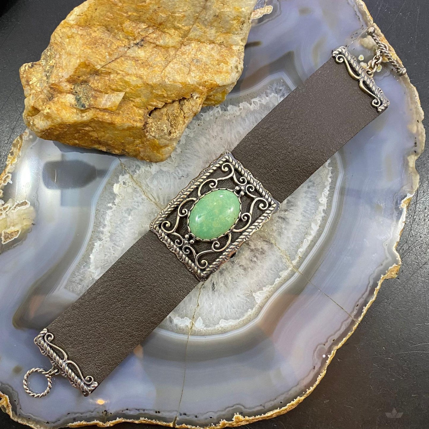 Carolyn Pollack Sterling Silver Brown Leather Oval Turquoise Toggle Clasp Bracelet