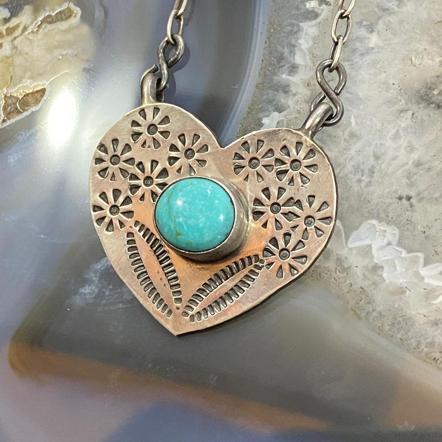 Marie Tsosie Native American Sterling Silver Oval Kingman Turquoise Stamped Heart Necklace For Women