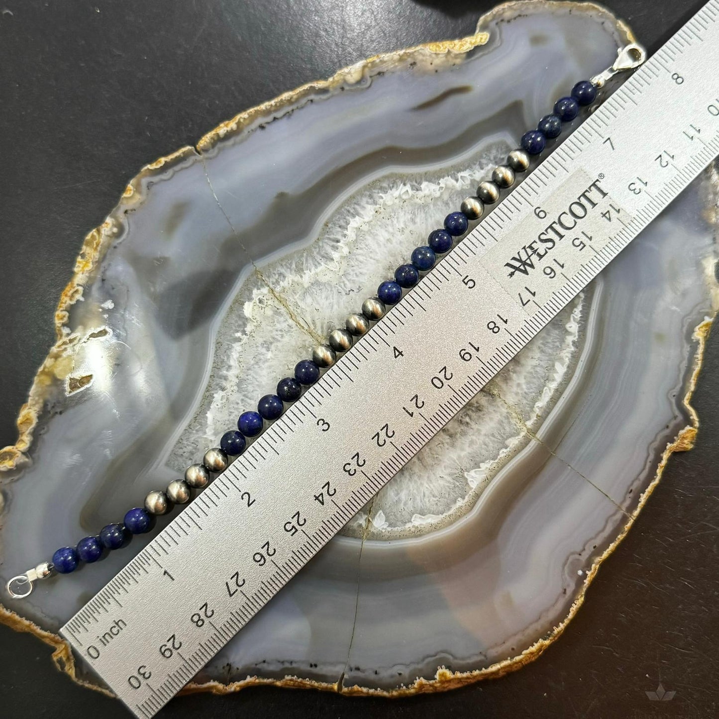 Native American Sterling Silver 5 mm Navajo Pearl & Lapis Bead Link Bracelet For Women
