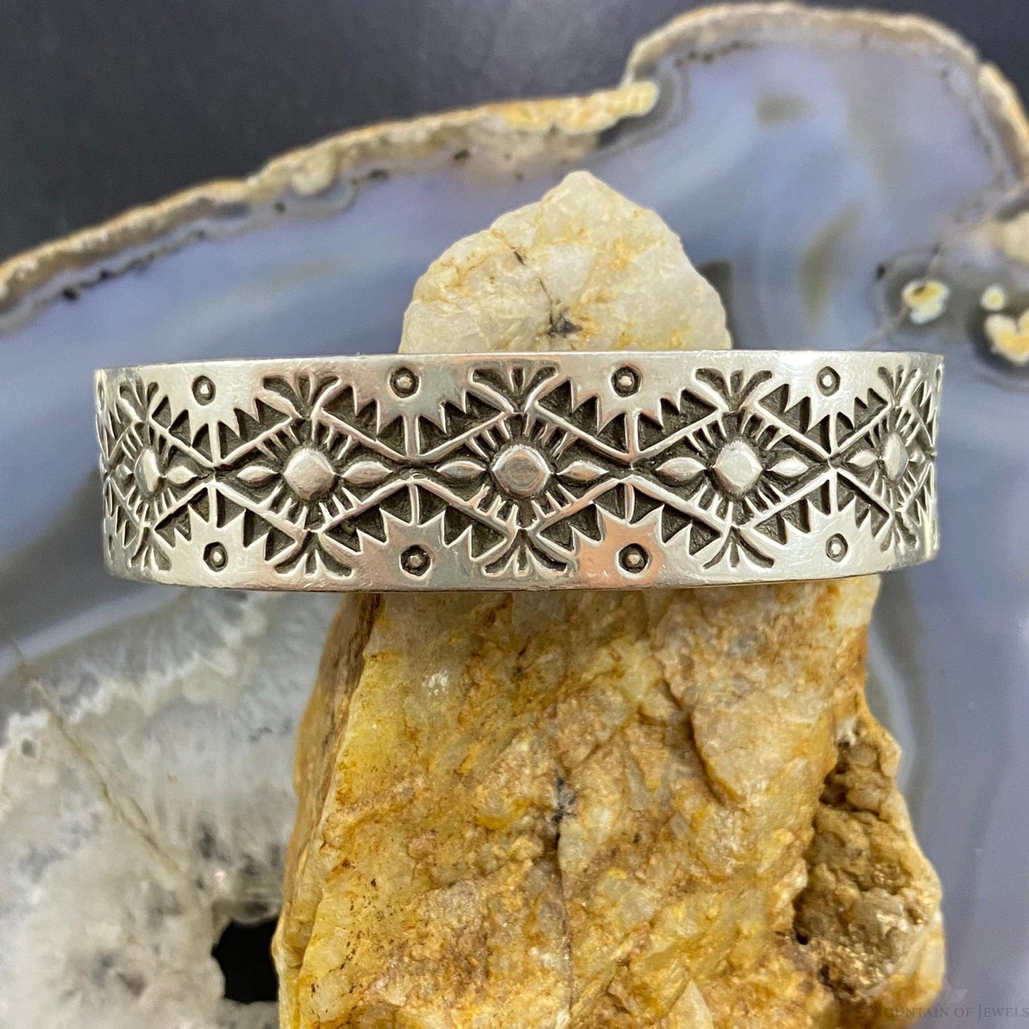 Vintage Signed Native American Sterling Silver Stamped Heavy Gauge Bracelet For Women