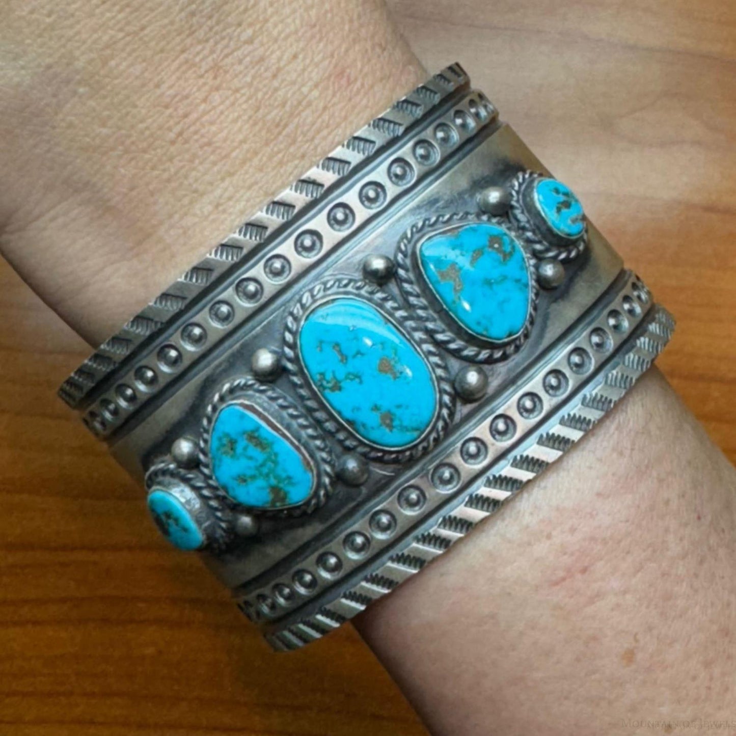 Sterling Silver Native American Turquoise Wide and Heavy Stamped Unisex Bracelet