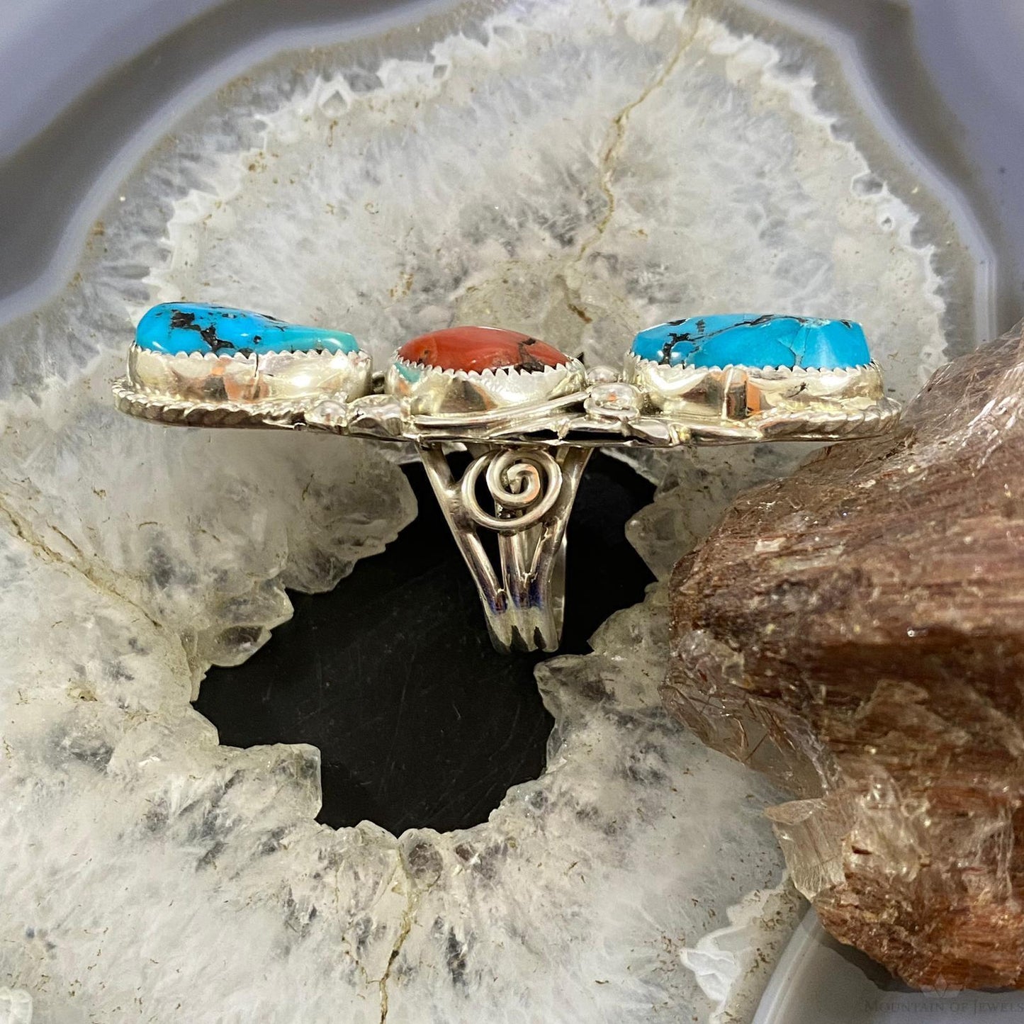 Silver Ray Native American Sterling Silver Elongated Turquoise & Coral Ring Size 6.5 For Women