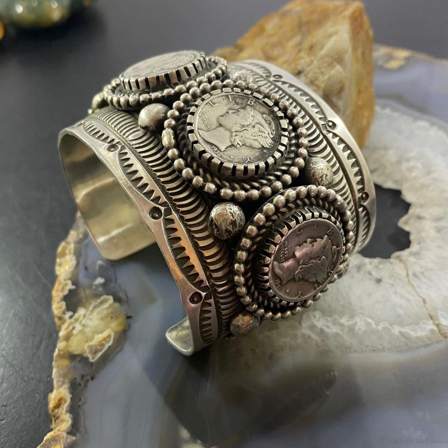 Alex Sanchez Native American Sterling Silver 4 Mercury Dimes Solid Decorated Bracelet For Women