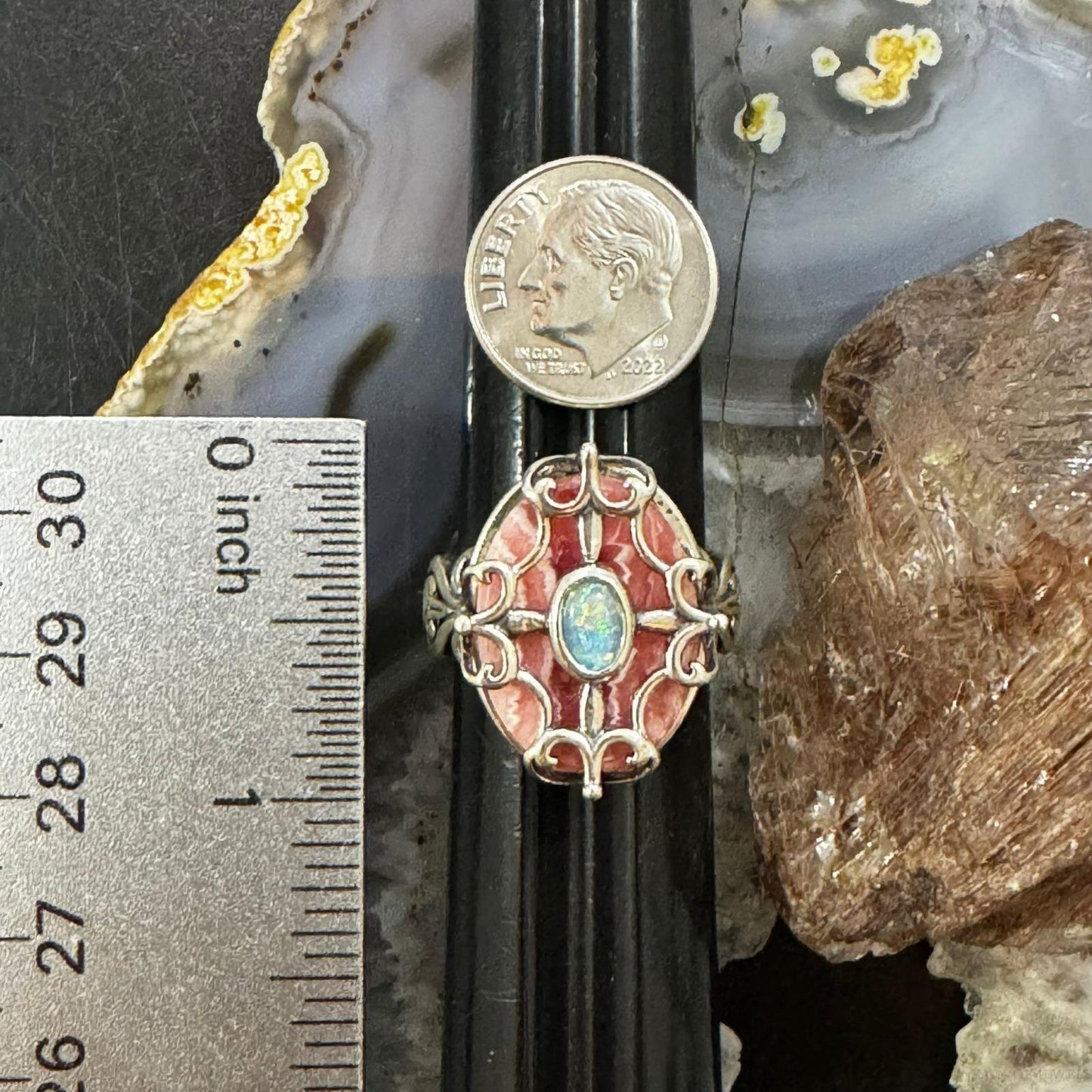 Carolyn Pollack Sterling Silver Rhodochrosite & Opal Ring Size 8.5 For Women