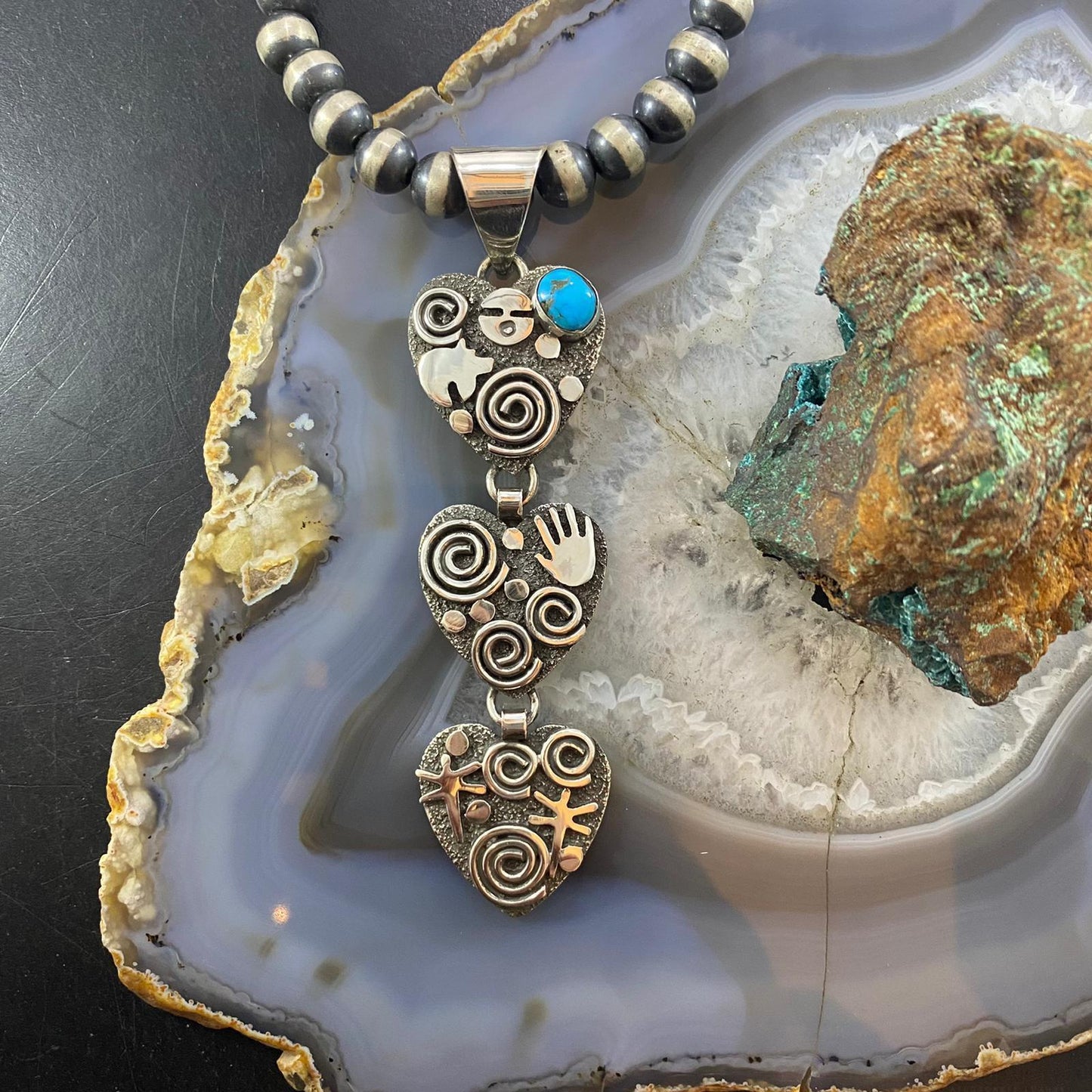 Alex Sanchez Native American Sterling Silver Triple Petroglyph Heart w/Turquoise Pendant For Women #1