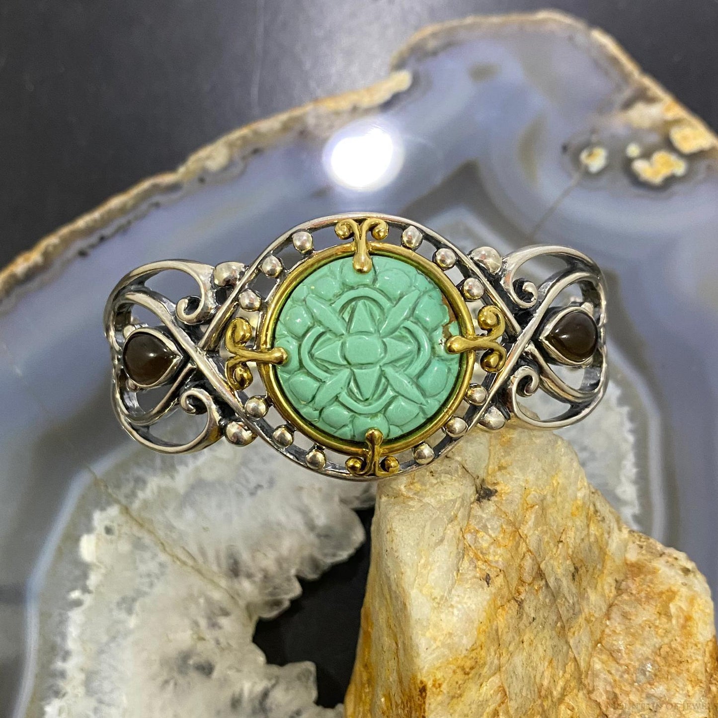 Carolyn Pollack Sterling Silver & Brass Green Turquoise/Smoky Quartz Decorated Bracelet For Women