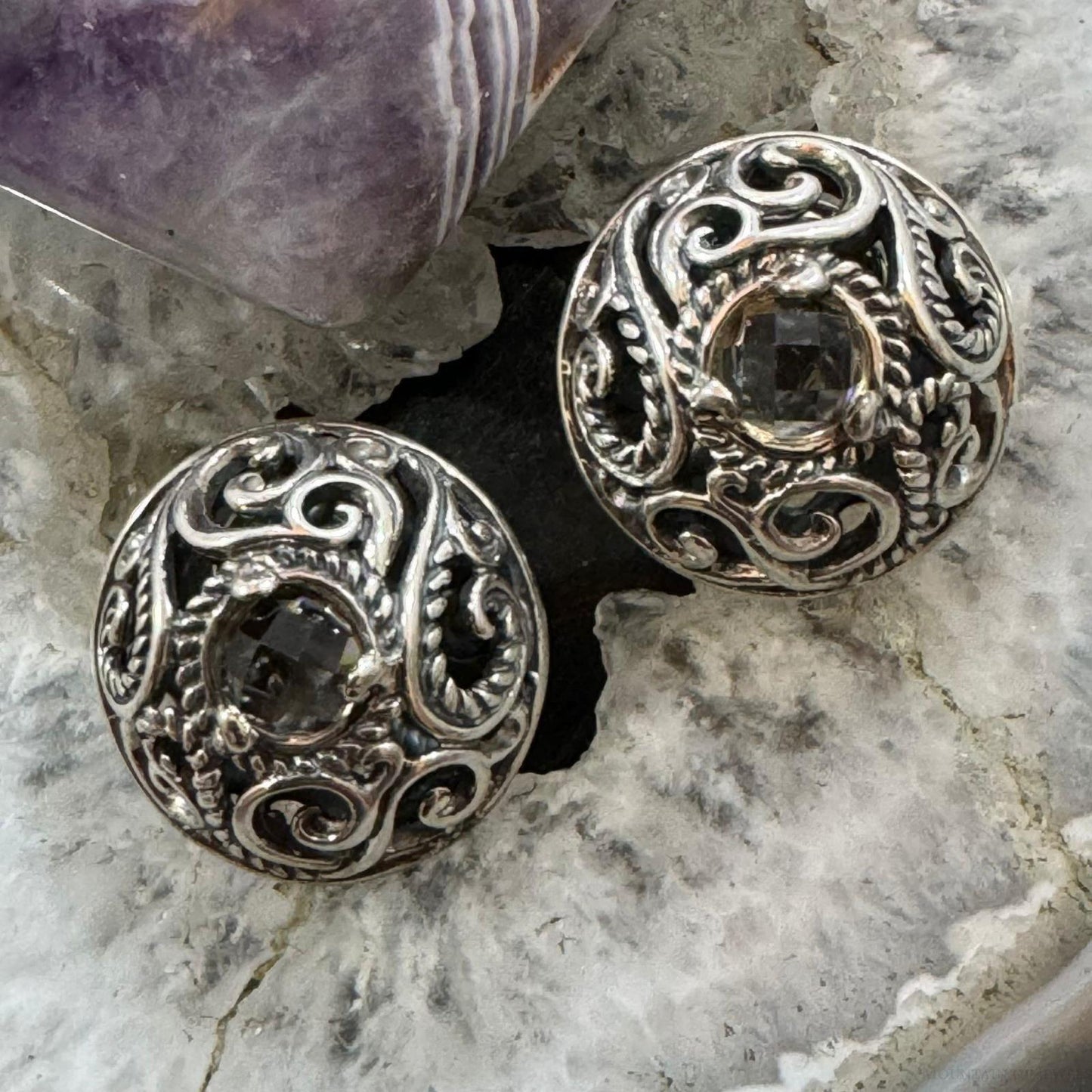 Carolyn Pollack Sterling Silver Faceted Smoky Quartz Decorated Safety Clip Earrings For Women