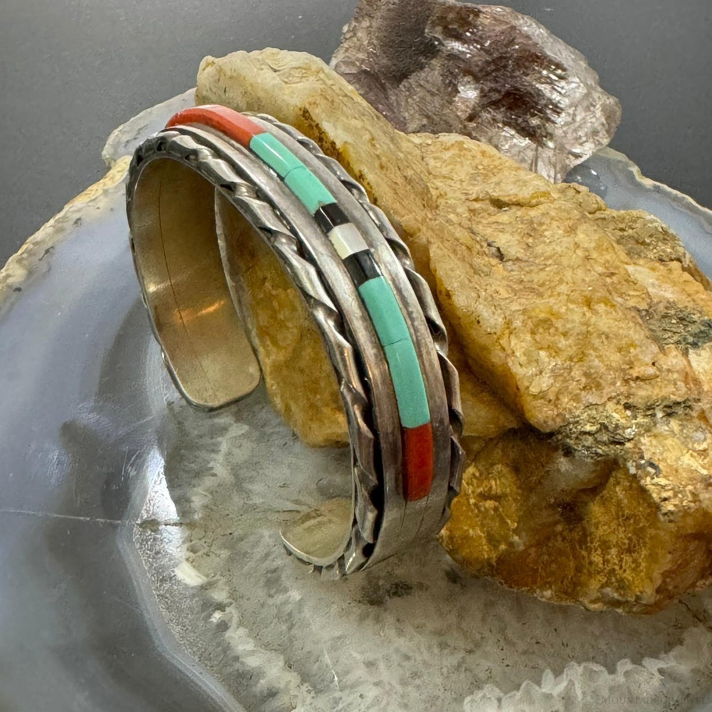 Vintage Signed Native American Silver Multi Gemstone Inlay Bracelet For Women