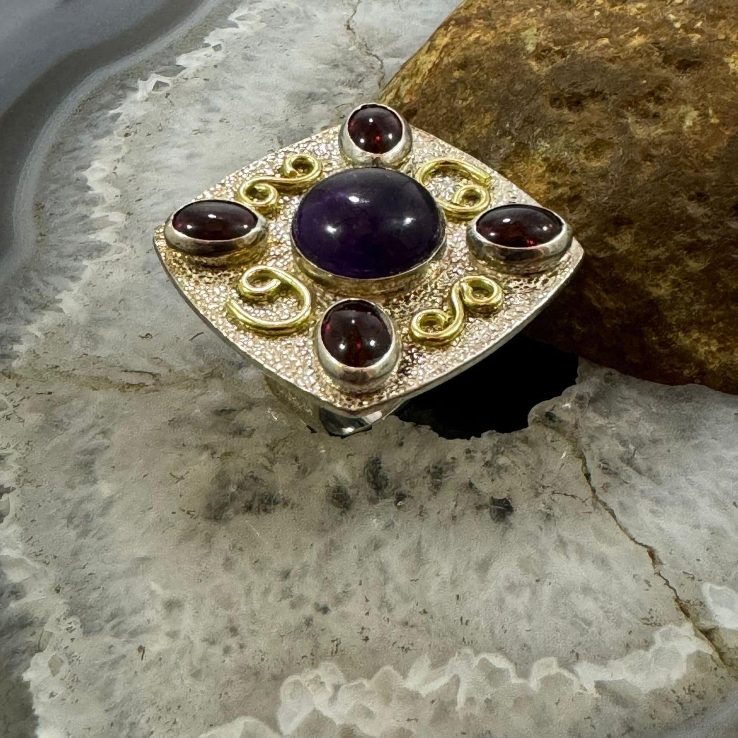 Carolyn Pollack Sterling Silver & Brass Amethyst & 4 Garnet Decorated Ring For Women
