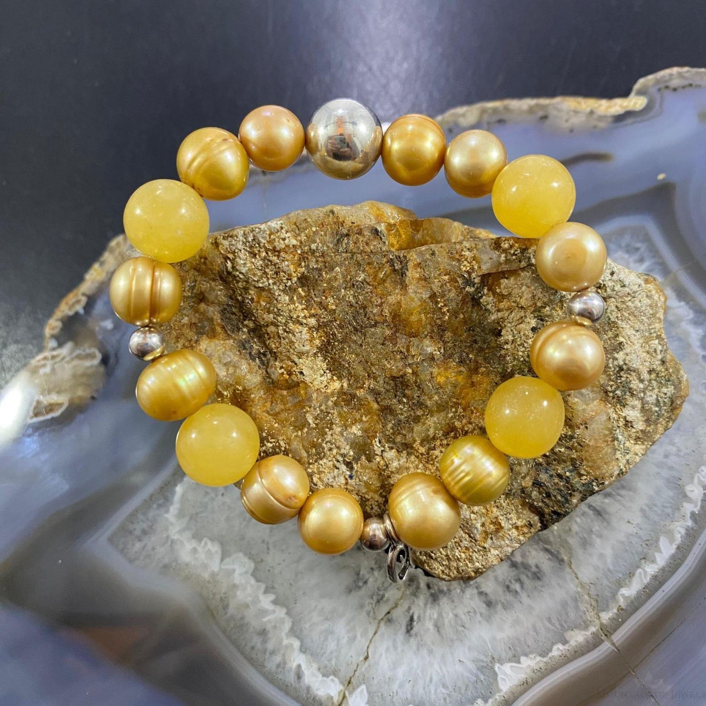 Carolyn Pollack Sterling Silver Yellow Jade & Pearl Bead Stretch Bracelet For Women