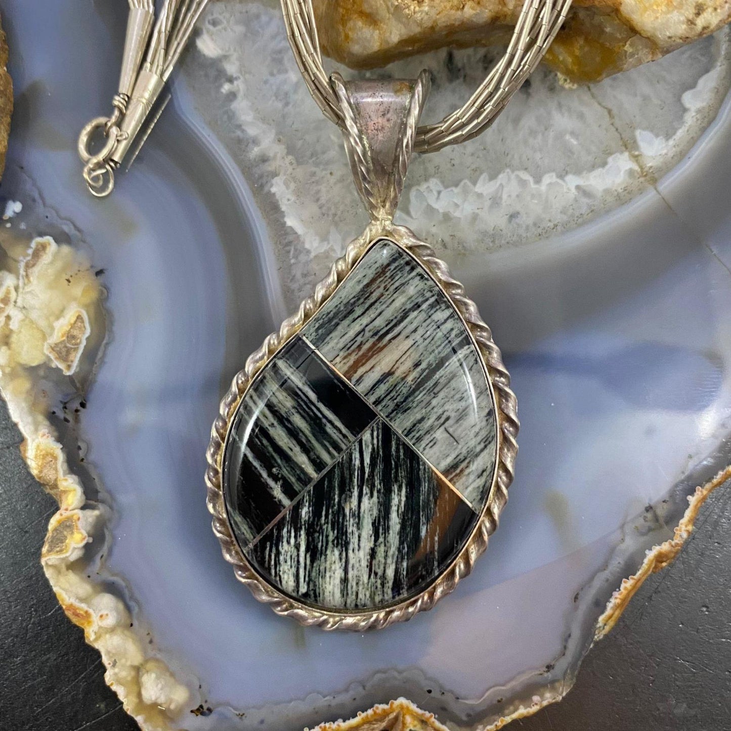 Sterling Silver Teardrop Zebra Stone w/17" Liquid Silver Necklace For Women, Desert Rose Trading
