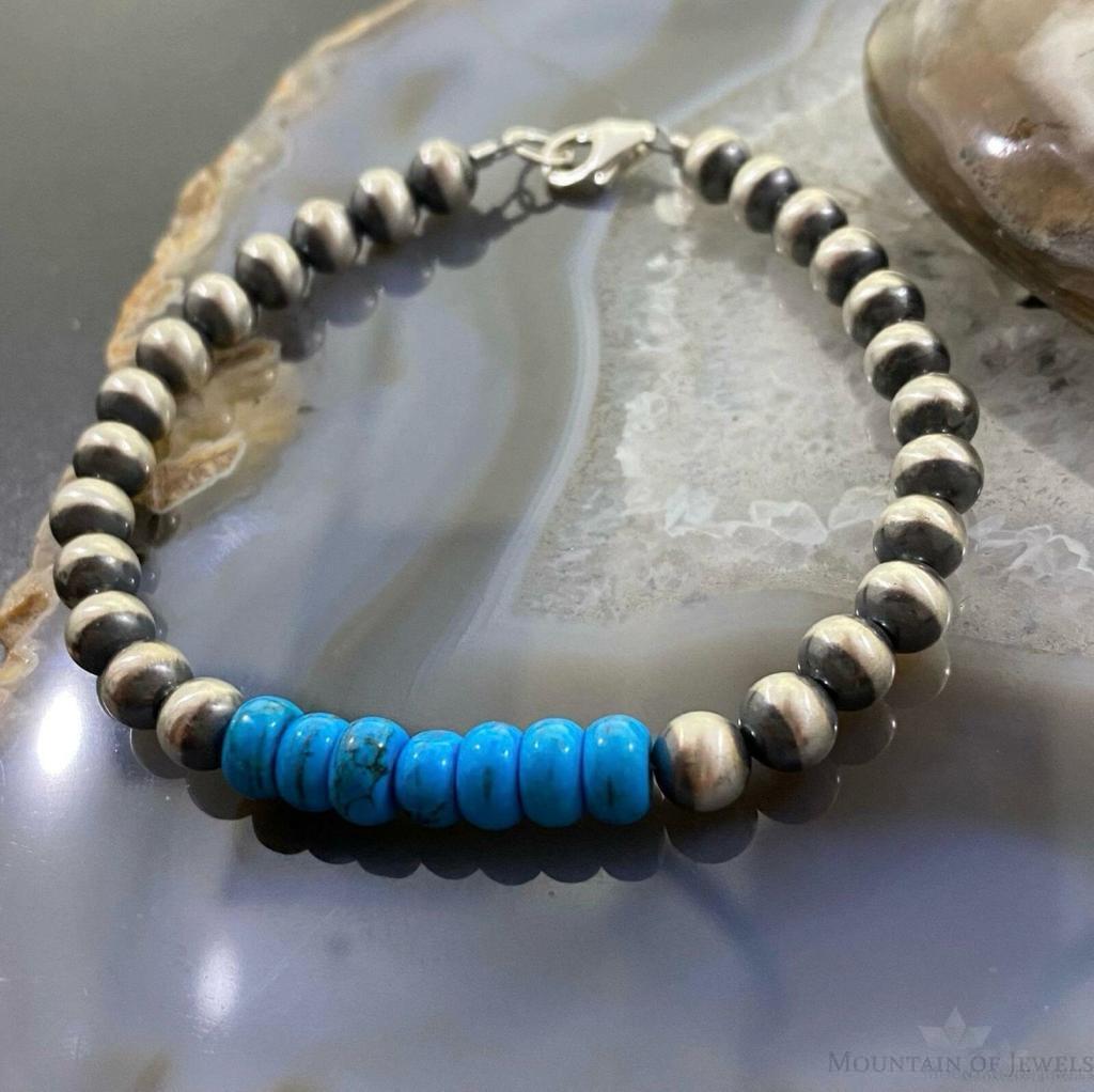 Navajo Pearl and Turquoise 6mm Beads Sterling Silver 8" Bangle For Women