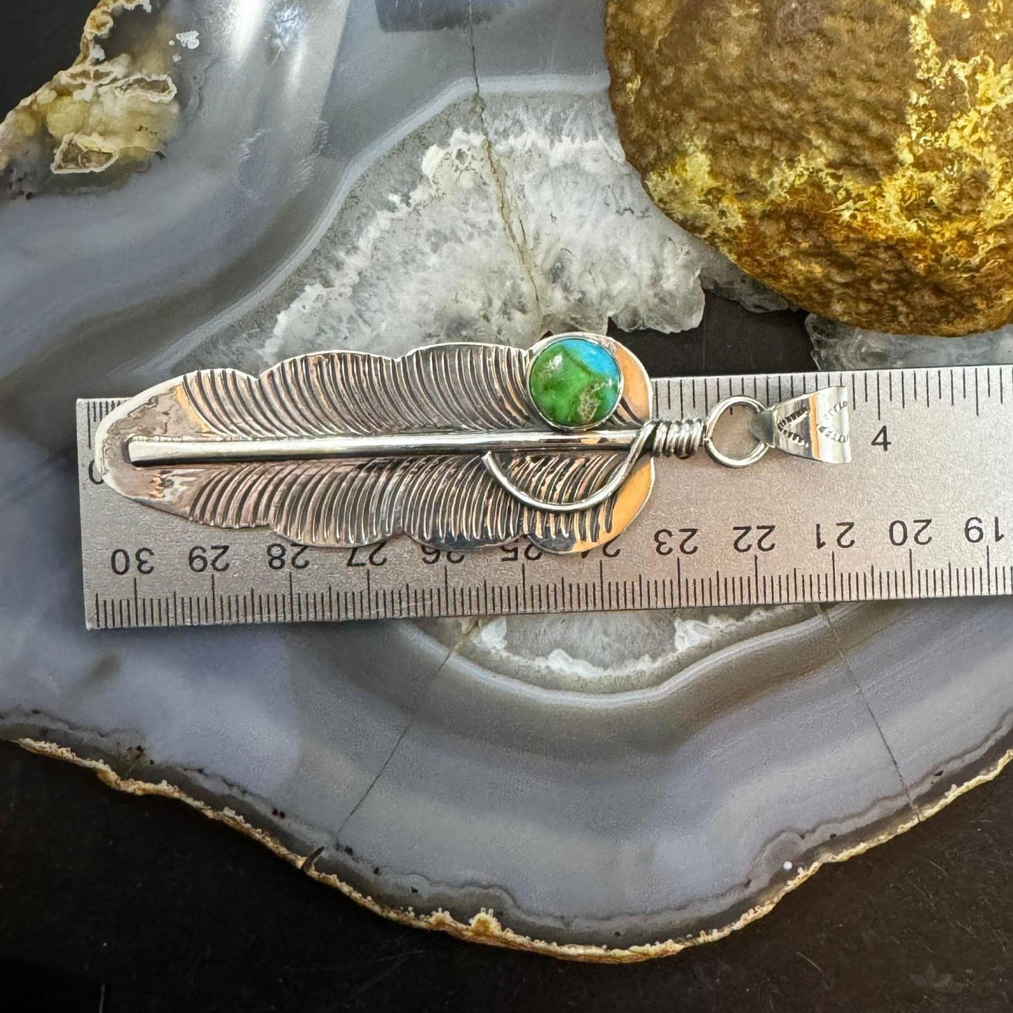 Native American Sterling Silver Round Sonoran Gold Turquoise Feather Unisex Pendant