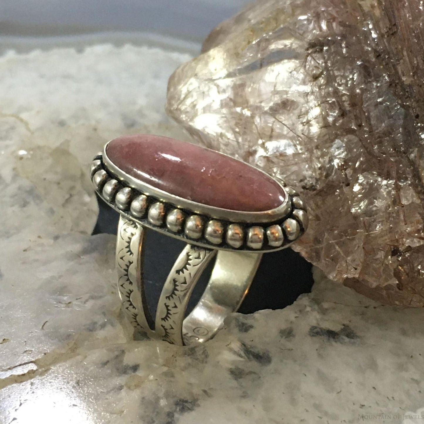 Carolyn Pollack Southwestern Style Sterling Silver Oblong Oval Rhodonite Ring Size 7.5 For Women
